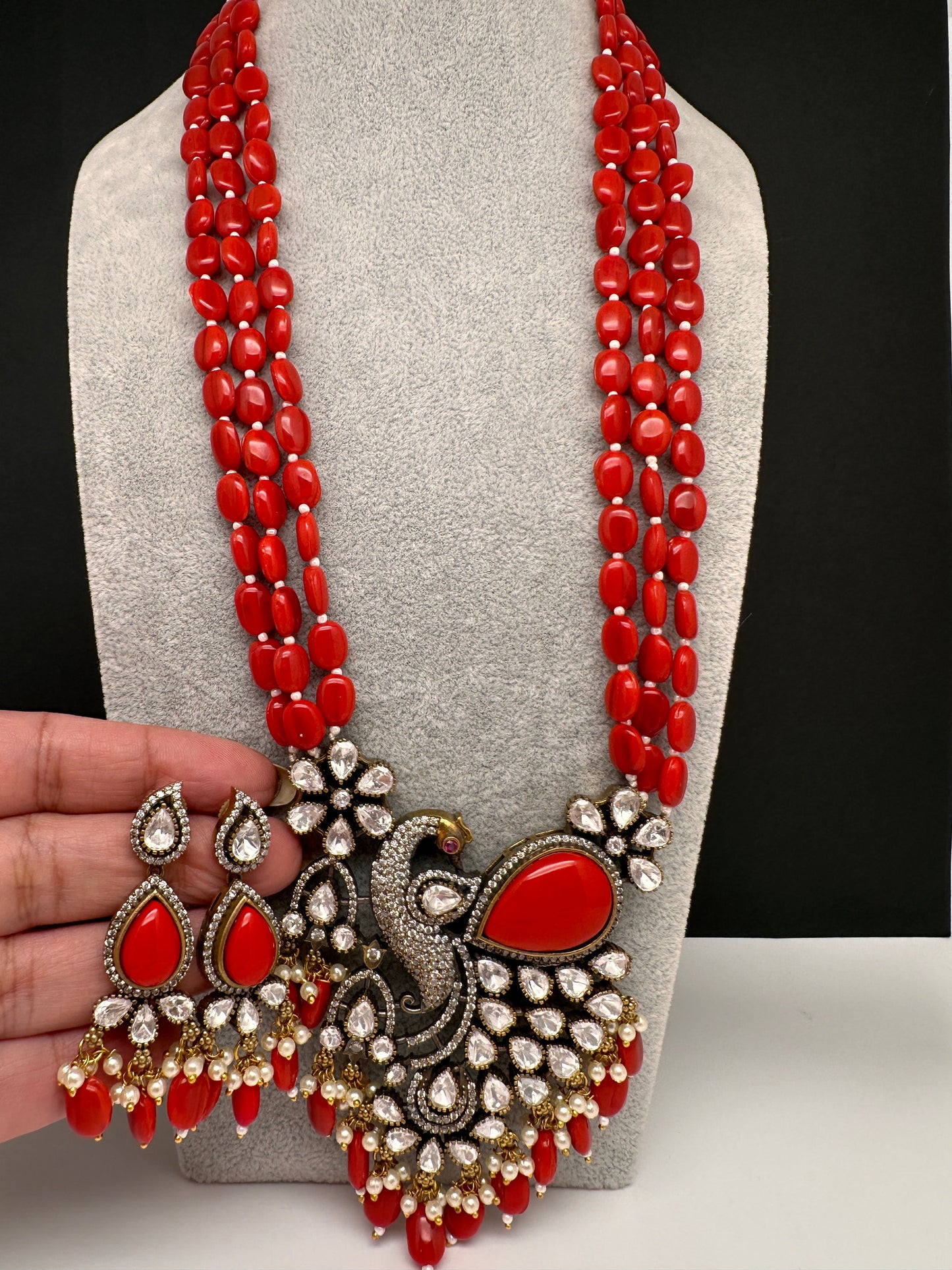 Victorian Peacock Color Multi Layer Beads Necklace - Coral