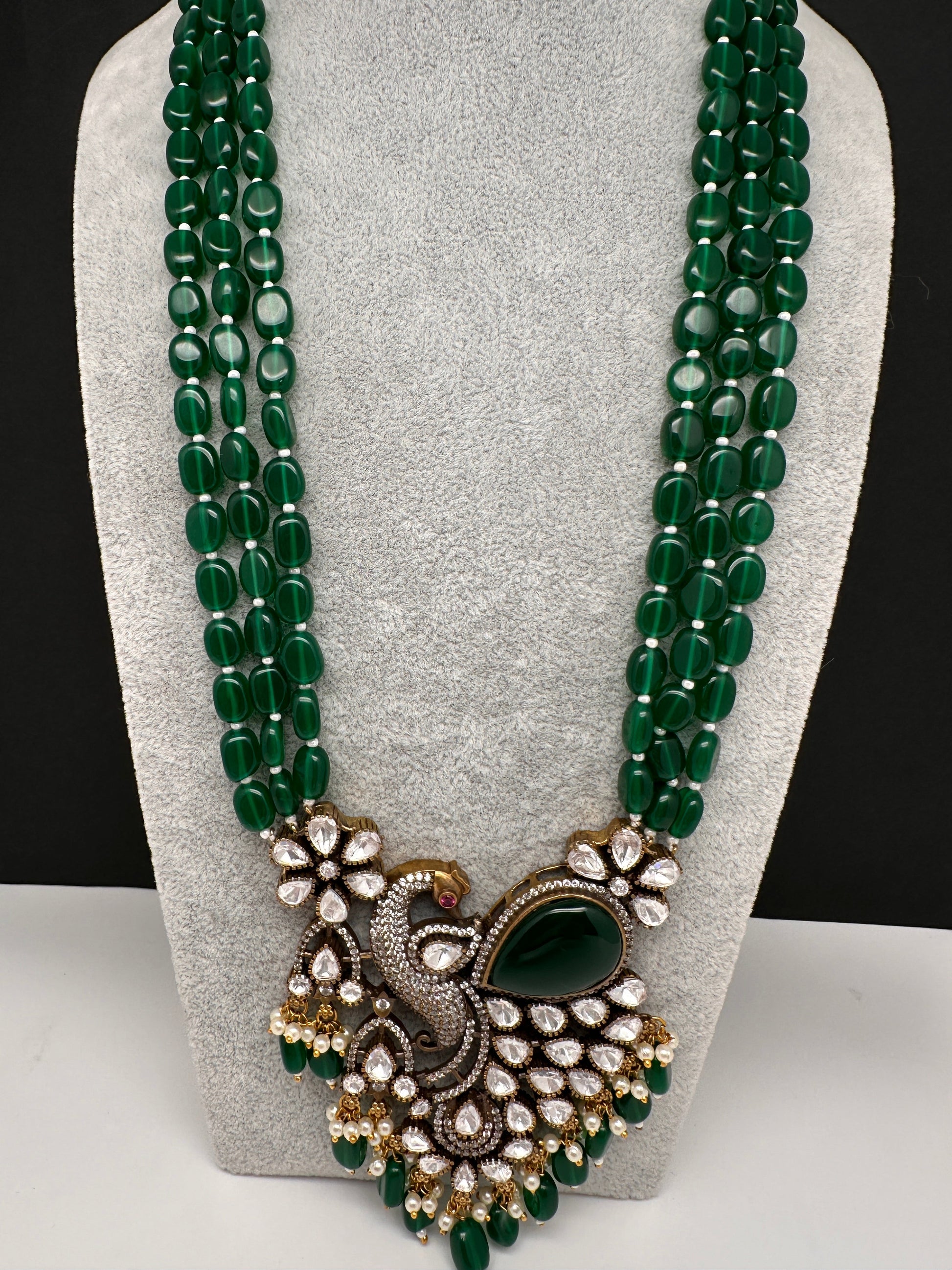 Victorian Peacock Color Multi Layer Beads Necklace - Green