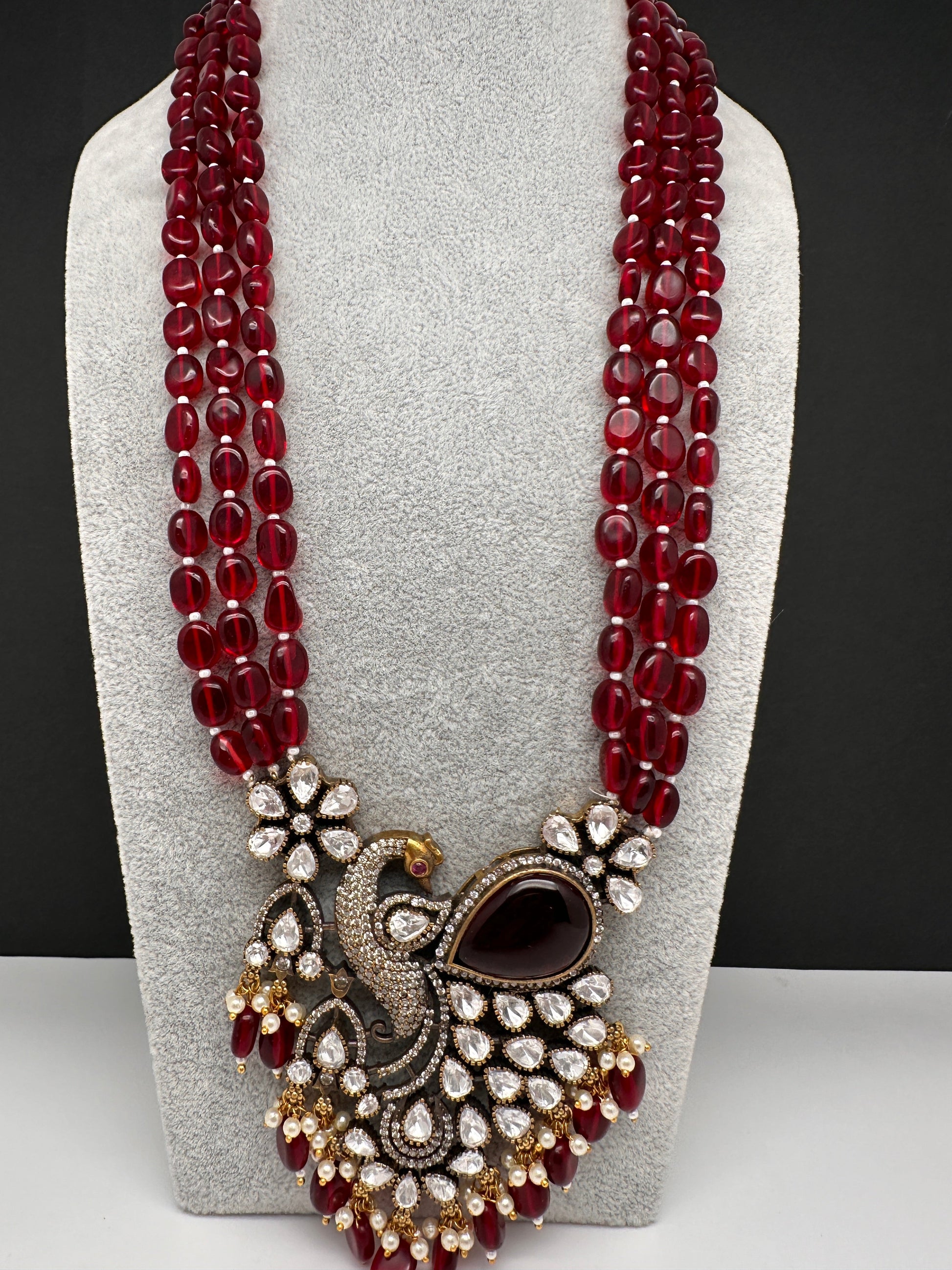 Victorian Peacock Color Multi Layer Beads Necklace - Red