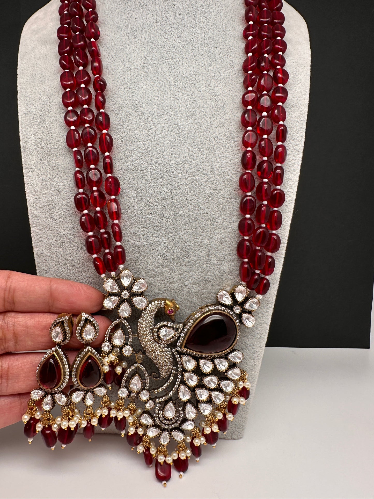 Victorian Peacock Color Multi Layer Beads Necklace - Red