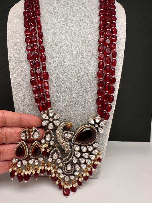 Victorian Peacock Color Multi Layer Beads Necklace - Red