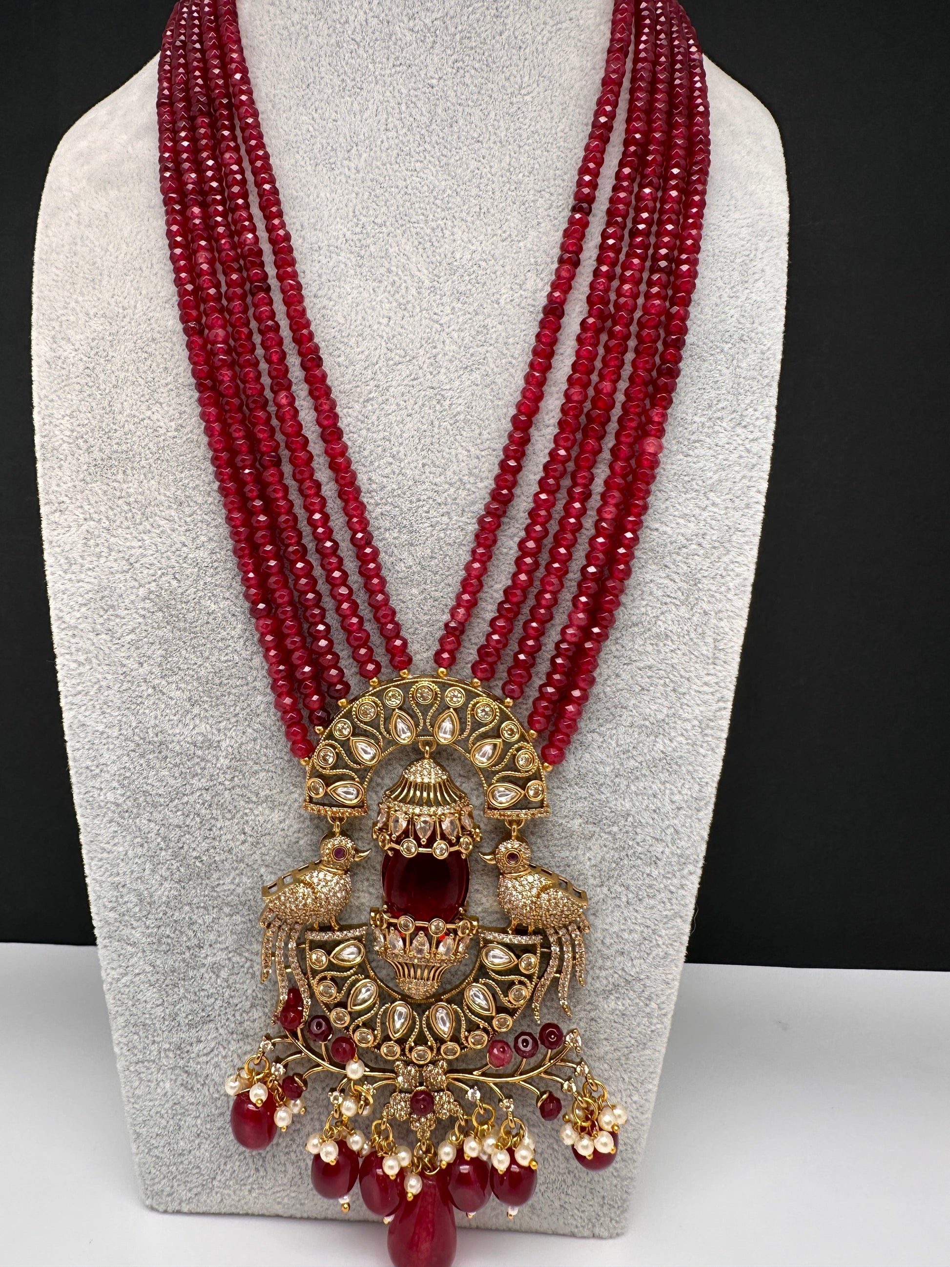 Victorian Peacock Color Multi Layer Beads Necklace - Red