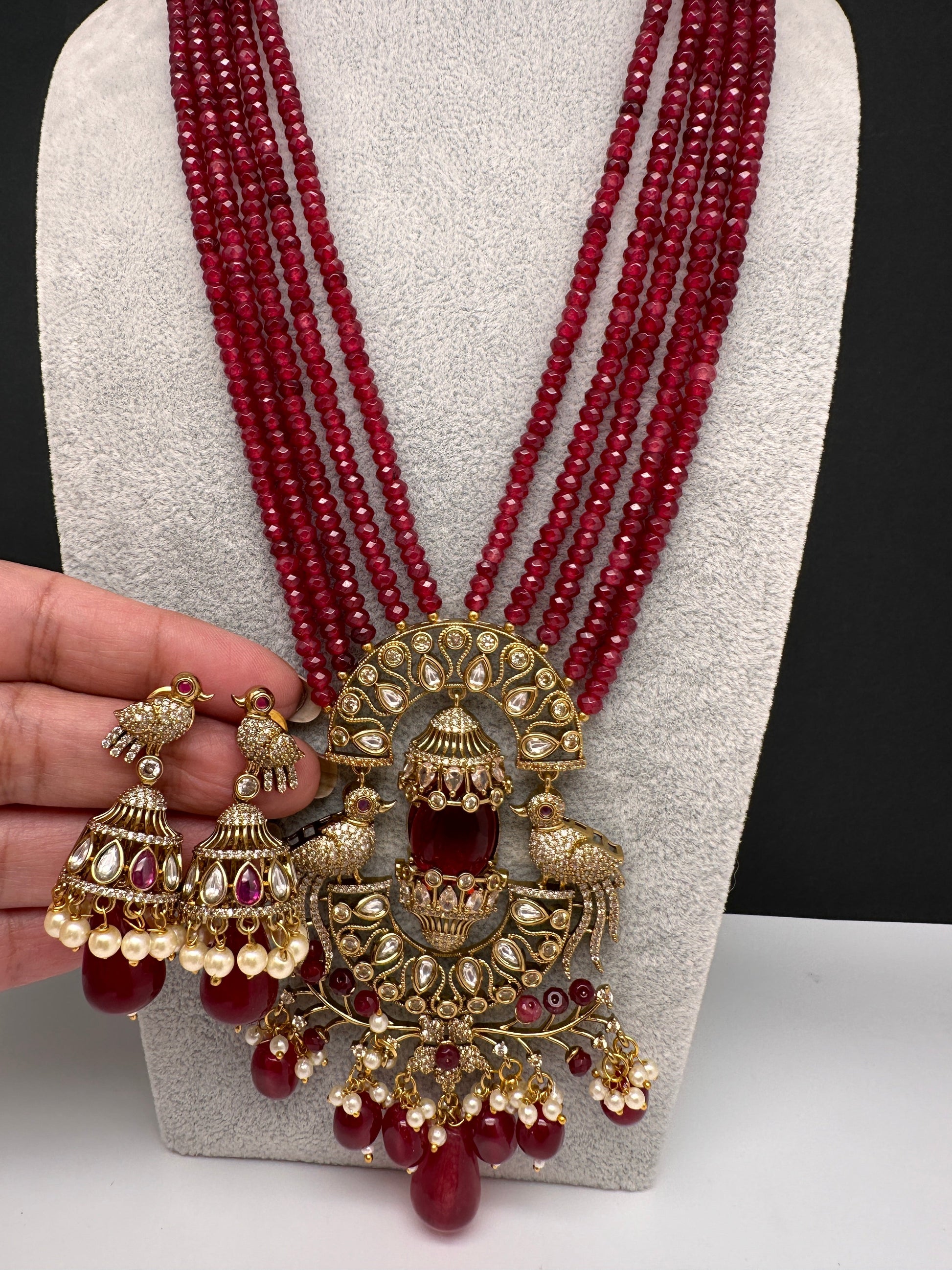 Victorian Peacock Color Multi Layer Beads Necklace - Red