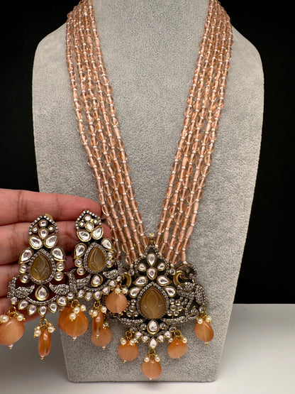 Victorian Kundan Color Multi Layer Beads Necklace - PeachPuff