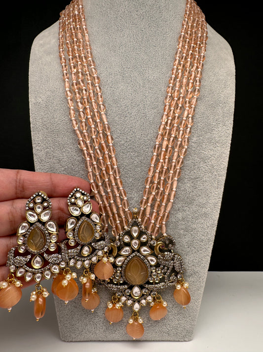 Victorian Kundan Color Multi Layer Beads Necklace - PeachPuff