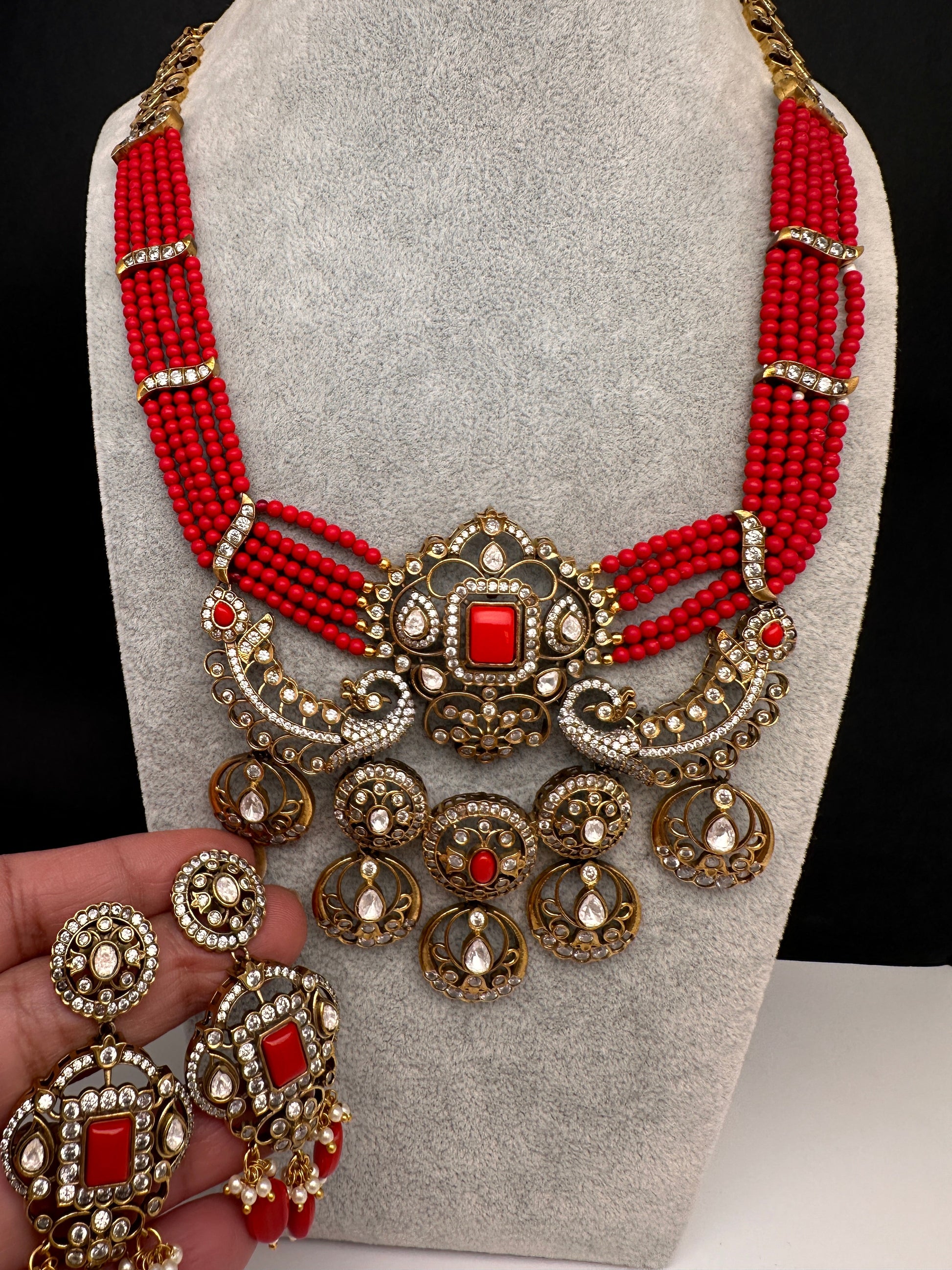 Victorian Kundan  Color Multi Layer  Beads Necklace - Coral