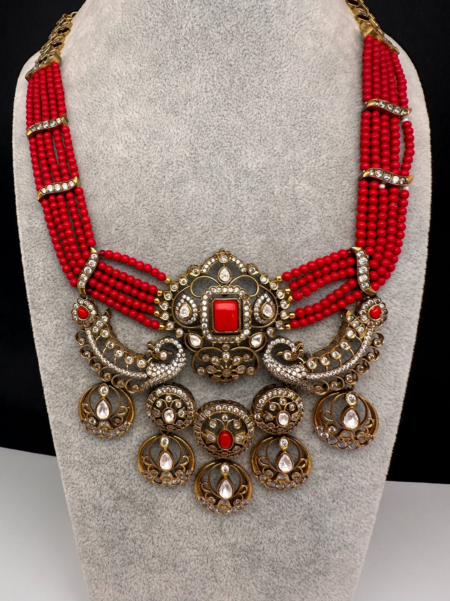 Victorian Kundan  Color Multi Layer  Beads Necklace - Coral