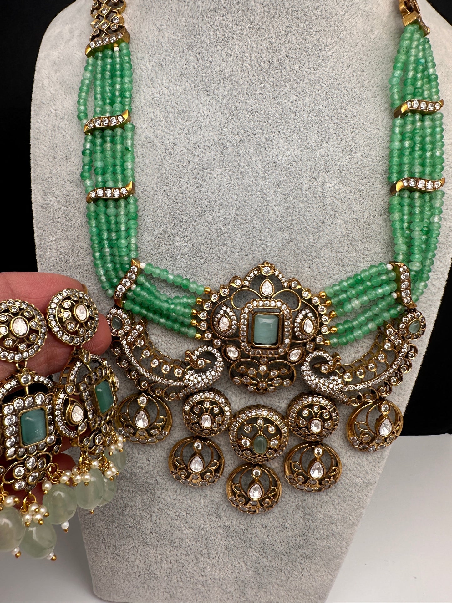 Victorian Kundan  Color Multi Layer  Beads Necklace - LightGreen