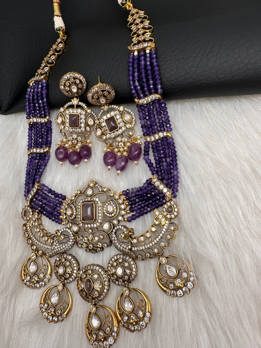 Victorian Kundan  Color Multi Layer  Beads Necklace - Purple