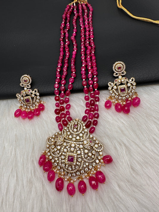 Elephant Design Victorian Pendent Pink Beads Necklace