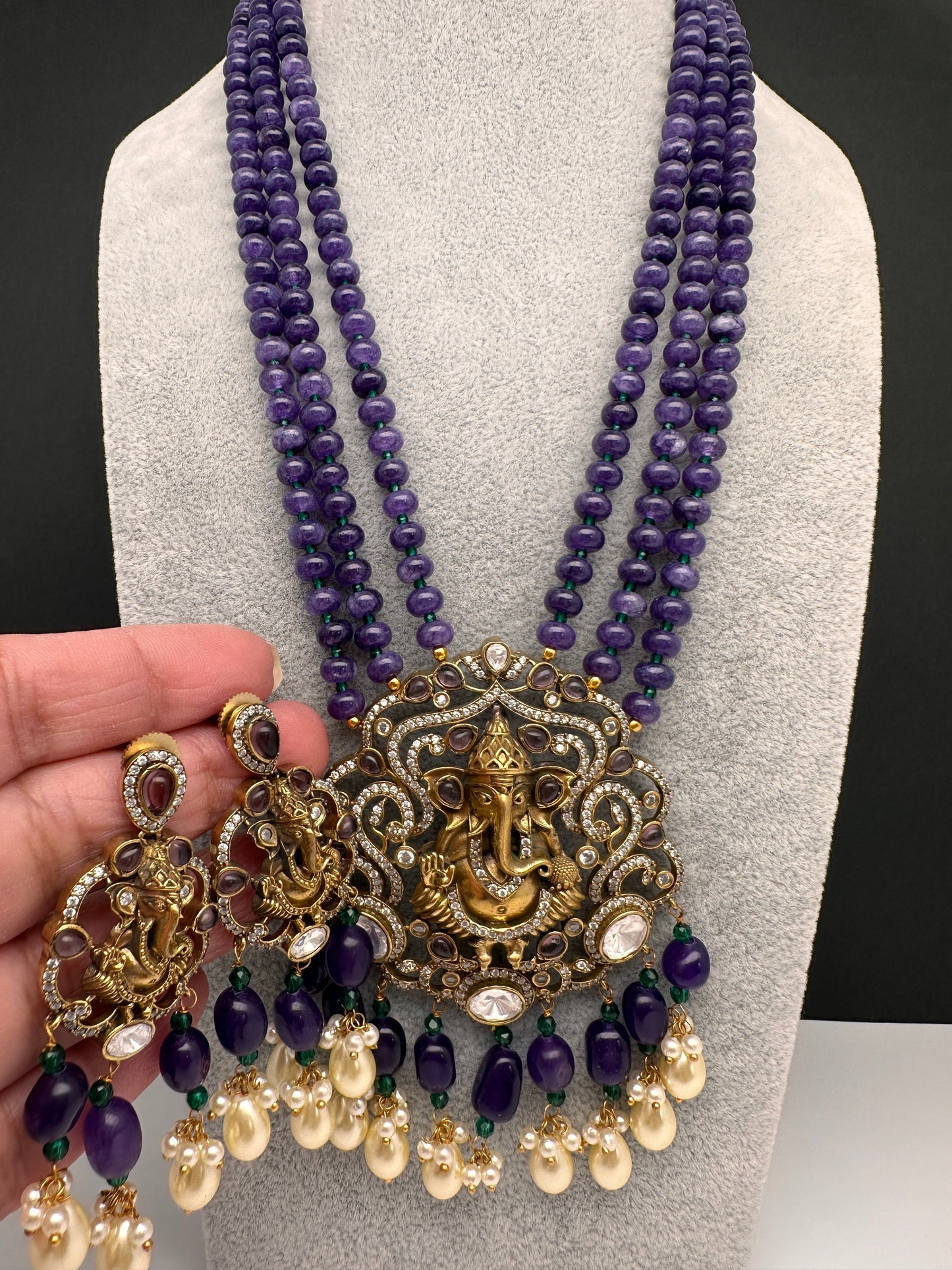 Moissanite Ganesha Pendent Color Stone Beads Necklace - Purple