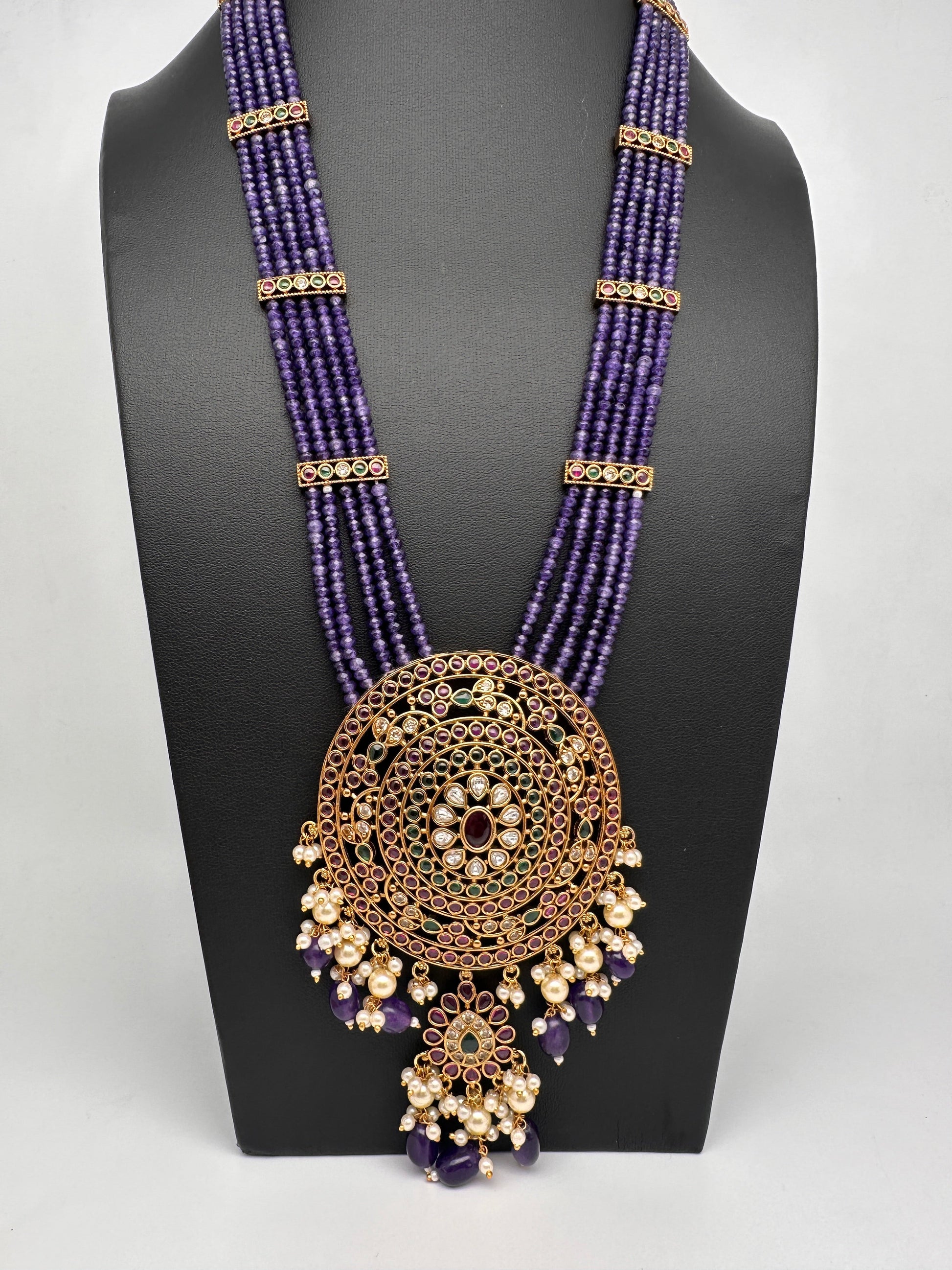 Kempu Onyx Beads Rani Haar Color Stone Necklace - Purple