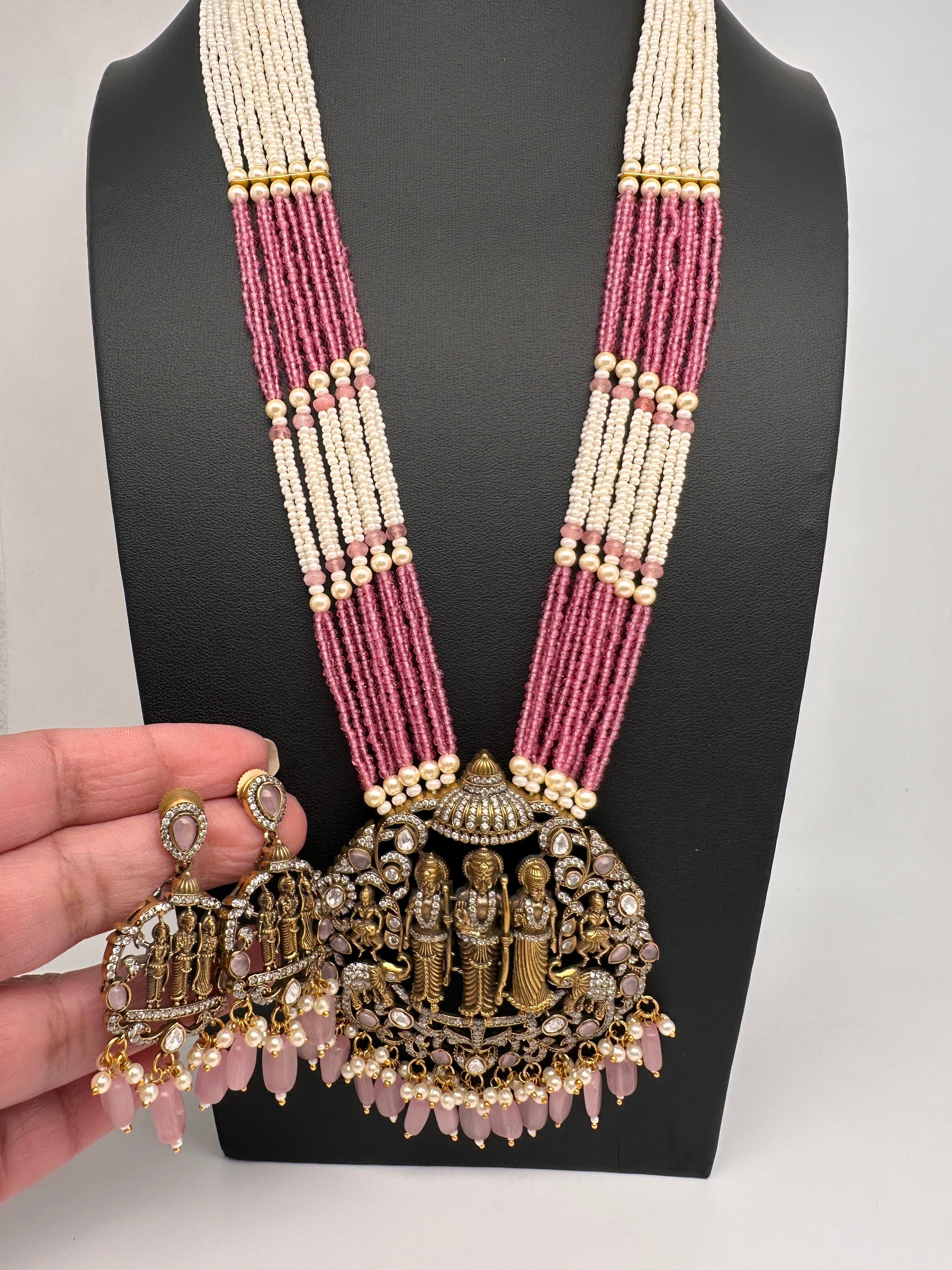 Ram Parivar Crystal Beads  Color Stone Necklace - pink