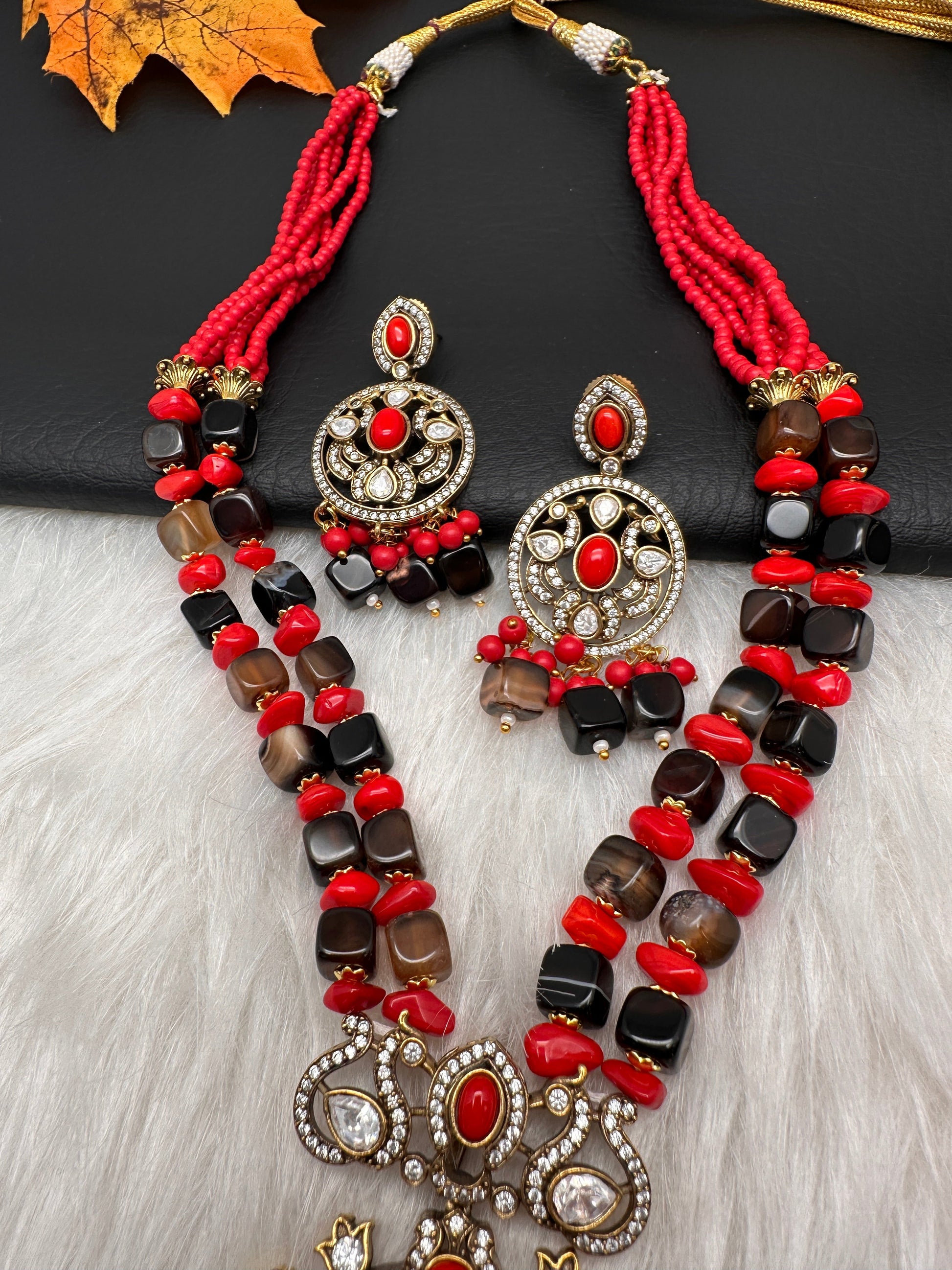 Peacock Color Stone Mehndi Finish Beads Long Necklace - Coral