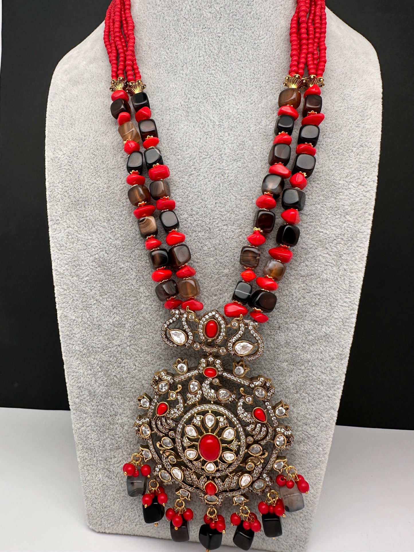 Peacock Color Stone Mehndi Finish Beads Long Necklace - Coral