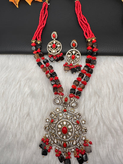 Peacock Color Stone Mehndi Finish Beads Long Necklace - Coral