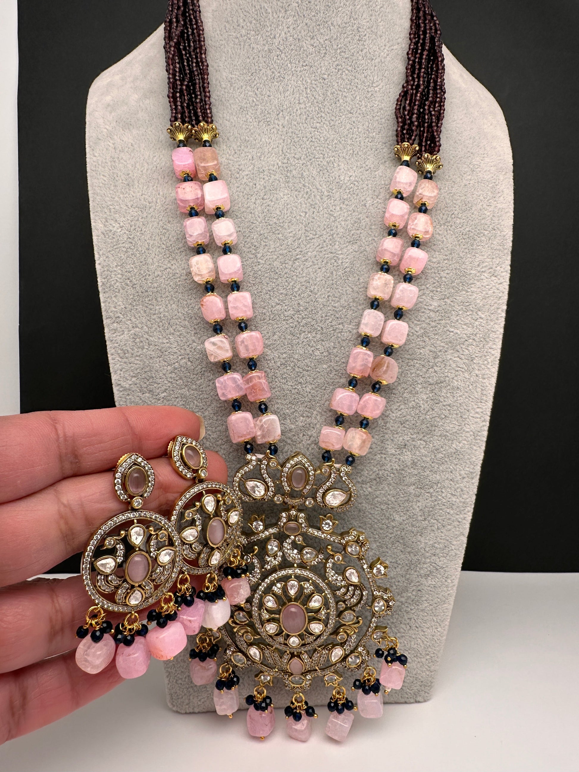 Peacock Color Stone Guttapusalu Short Necklace - Pink