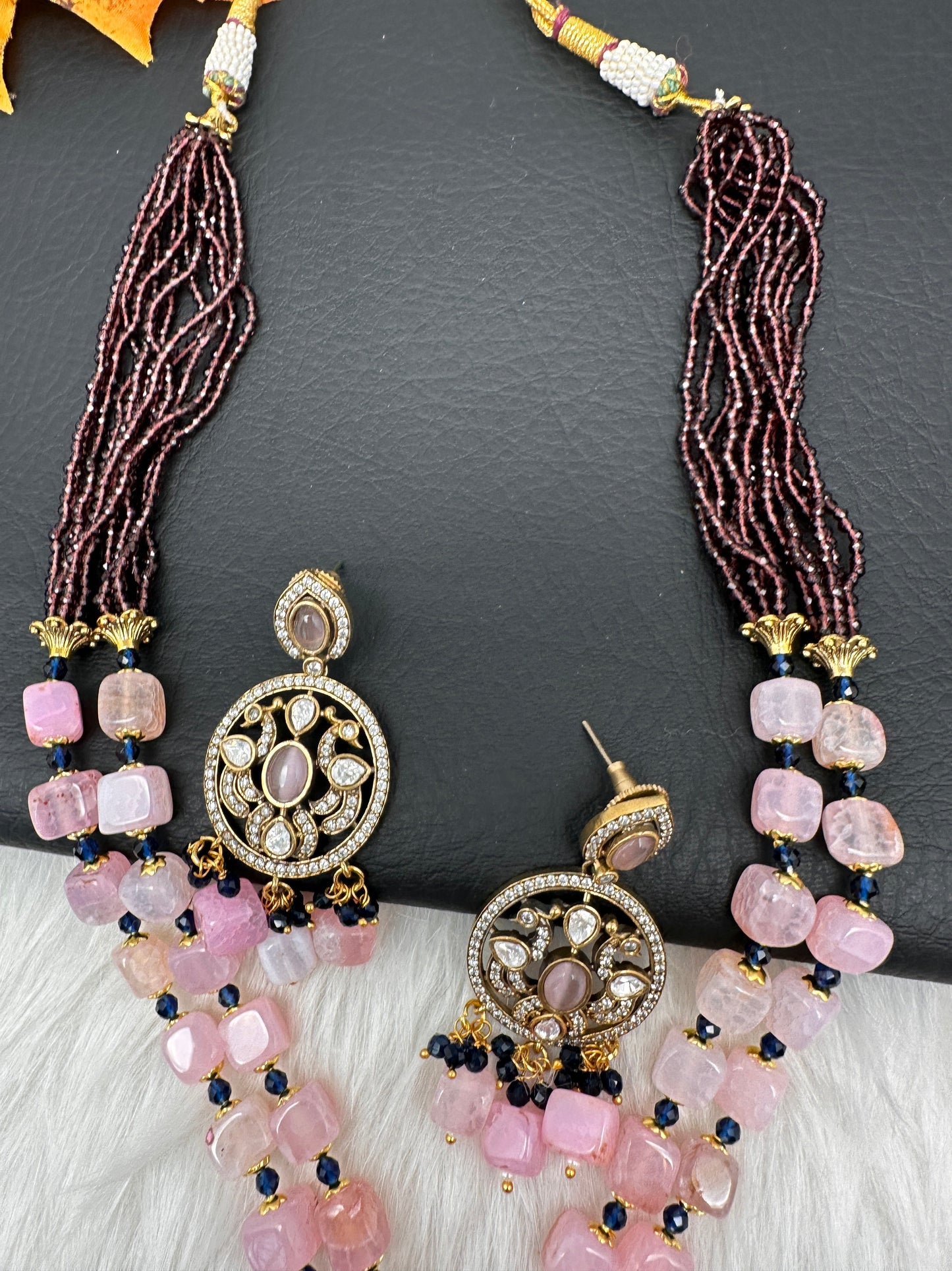 Peacock Color Stone Guttapusalu Short Necklace - Pink