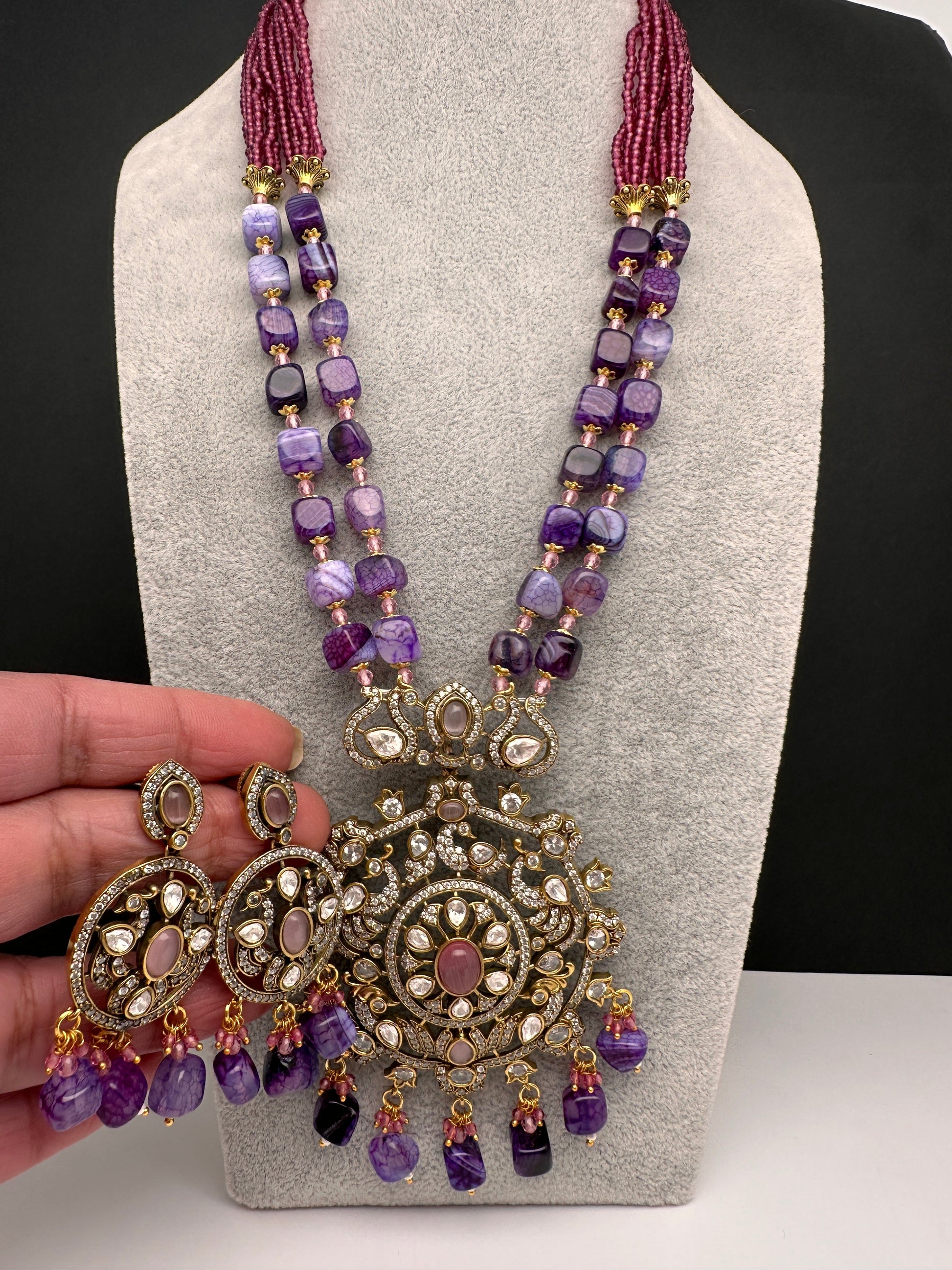 Peacock Color Stone Mehndi Finish Beads Long Necklace - Purple