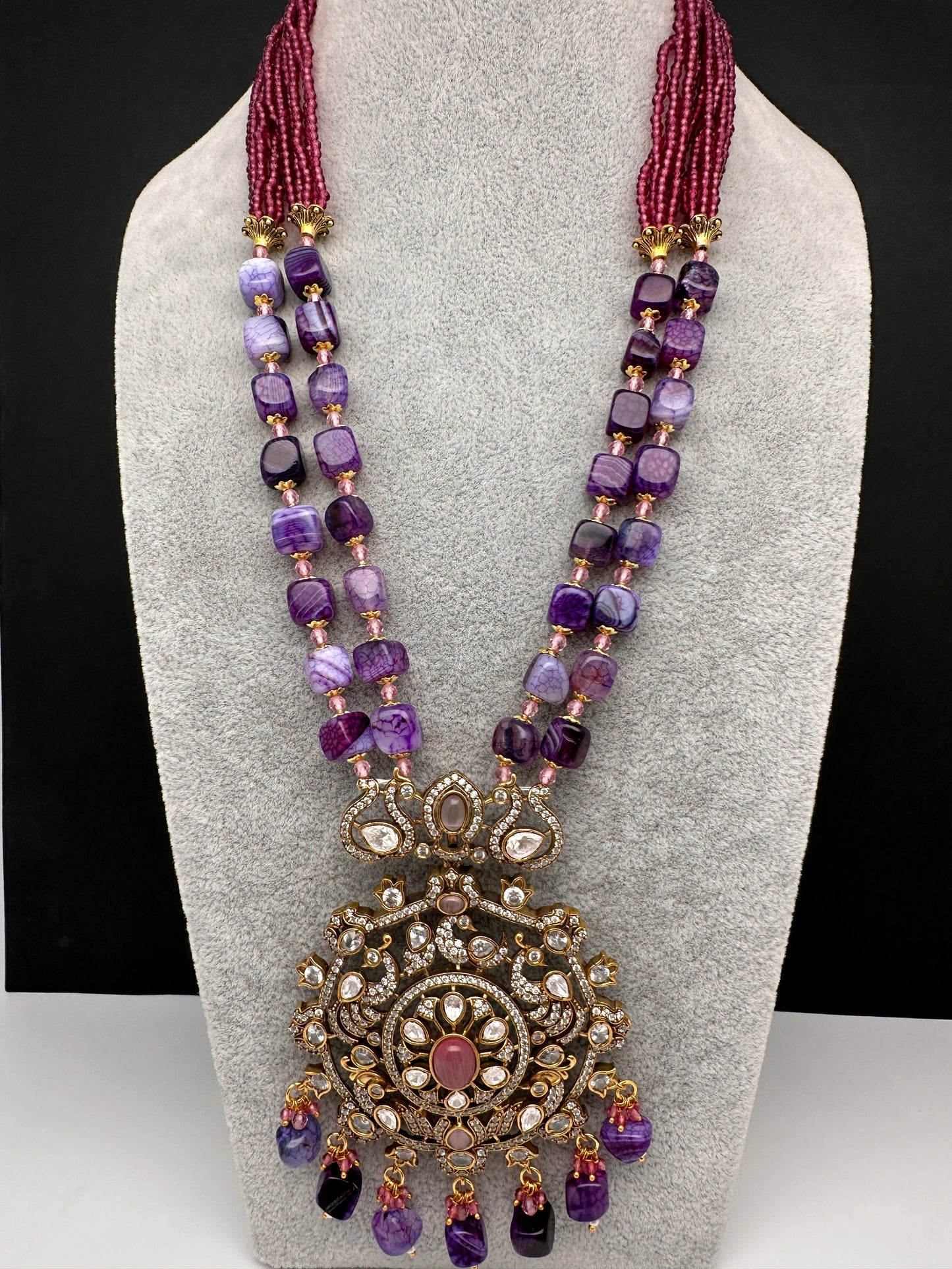 Peacock Color Stone Mehndi Finish Beads Long Necklace - Purple