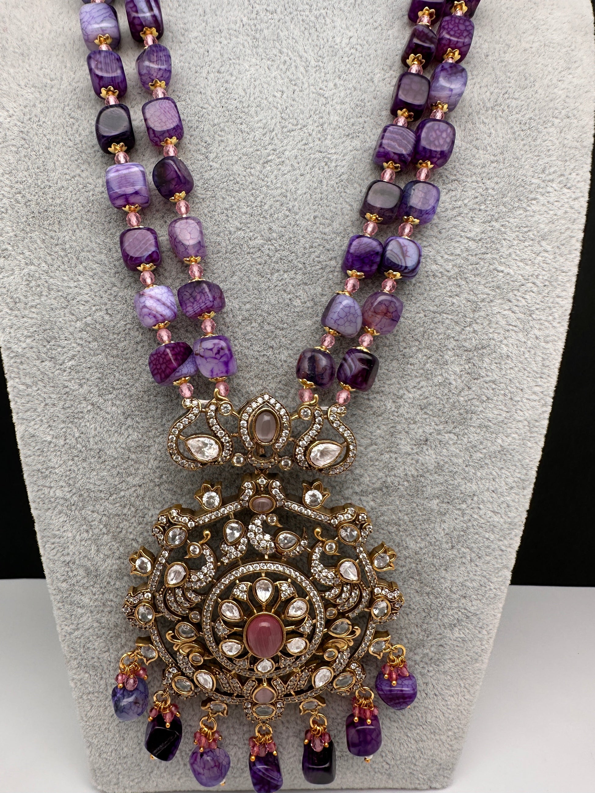 Peacock Color Stone Mehndi Finish Beads Long Necklace - Purple