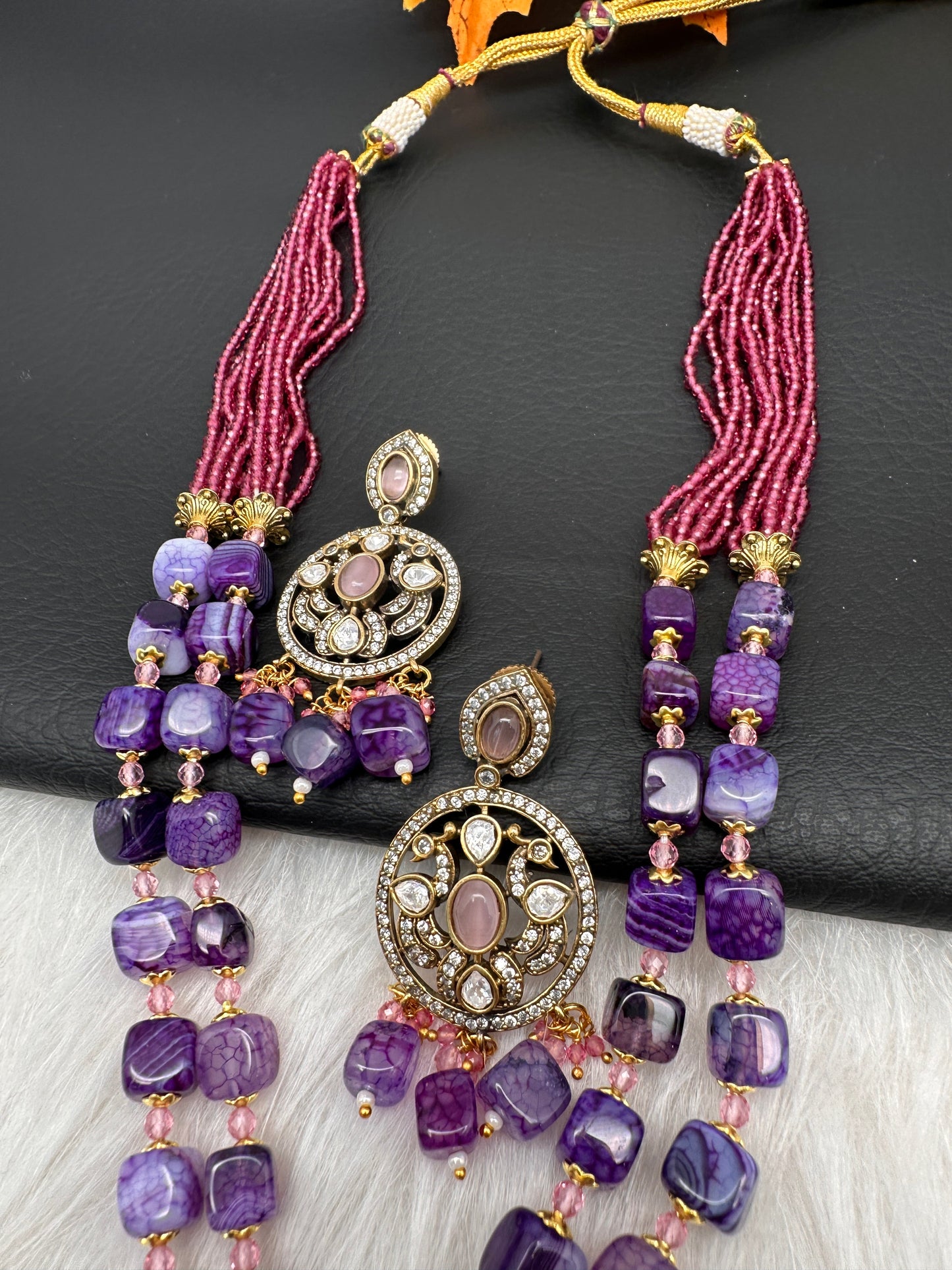 Peacock Color Stone Mehndi Finish Beads Long Necklace - Purple