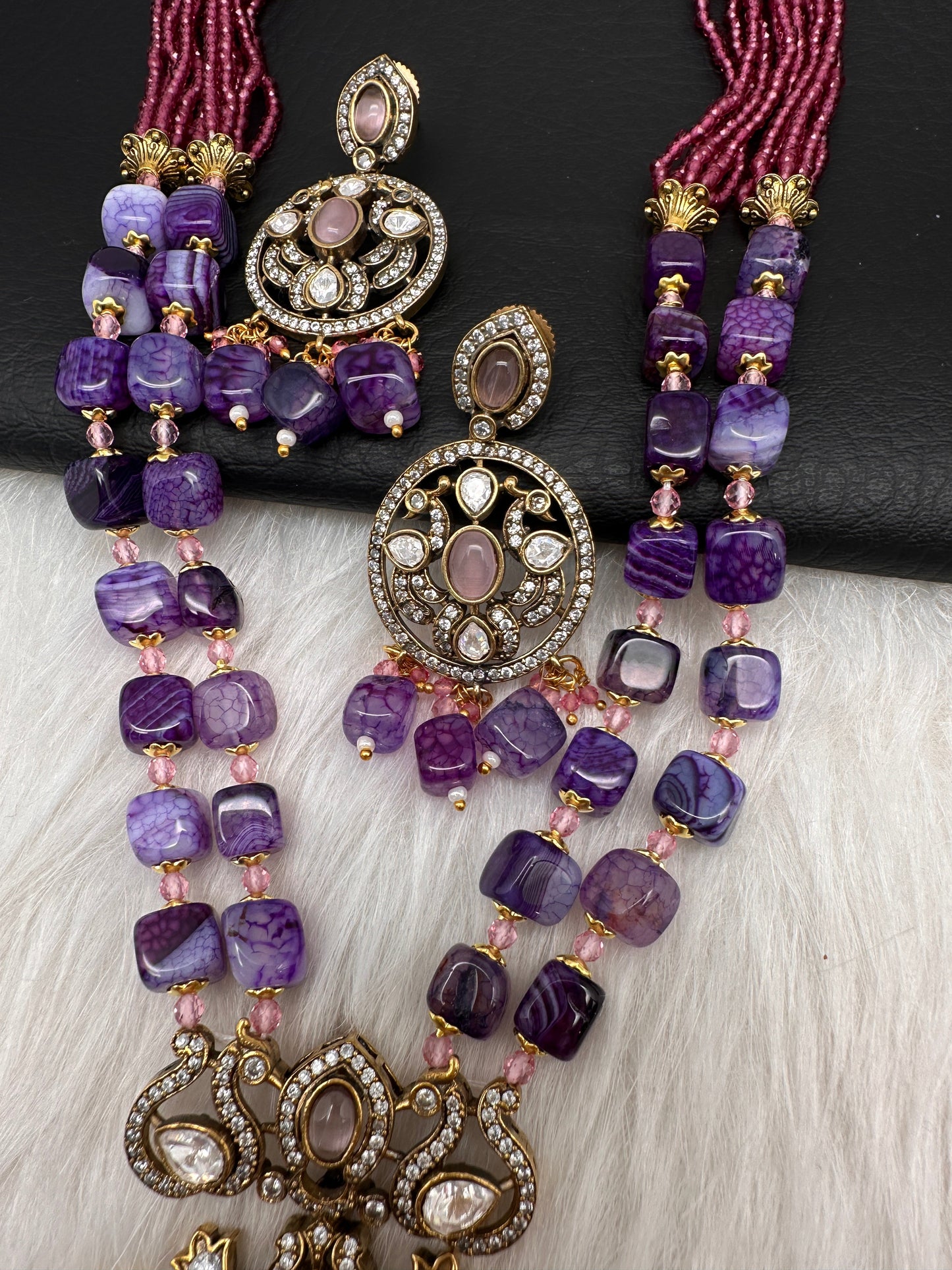 Peacock Color Stone Mehndi Finish Beads Long Necklace - Purple