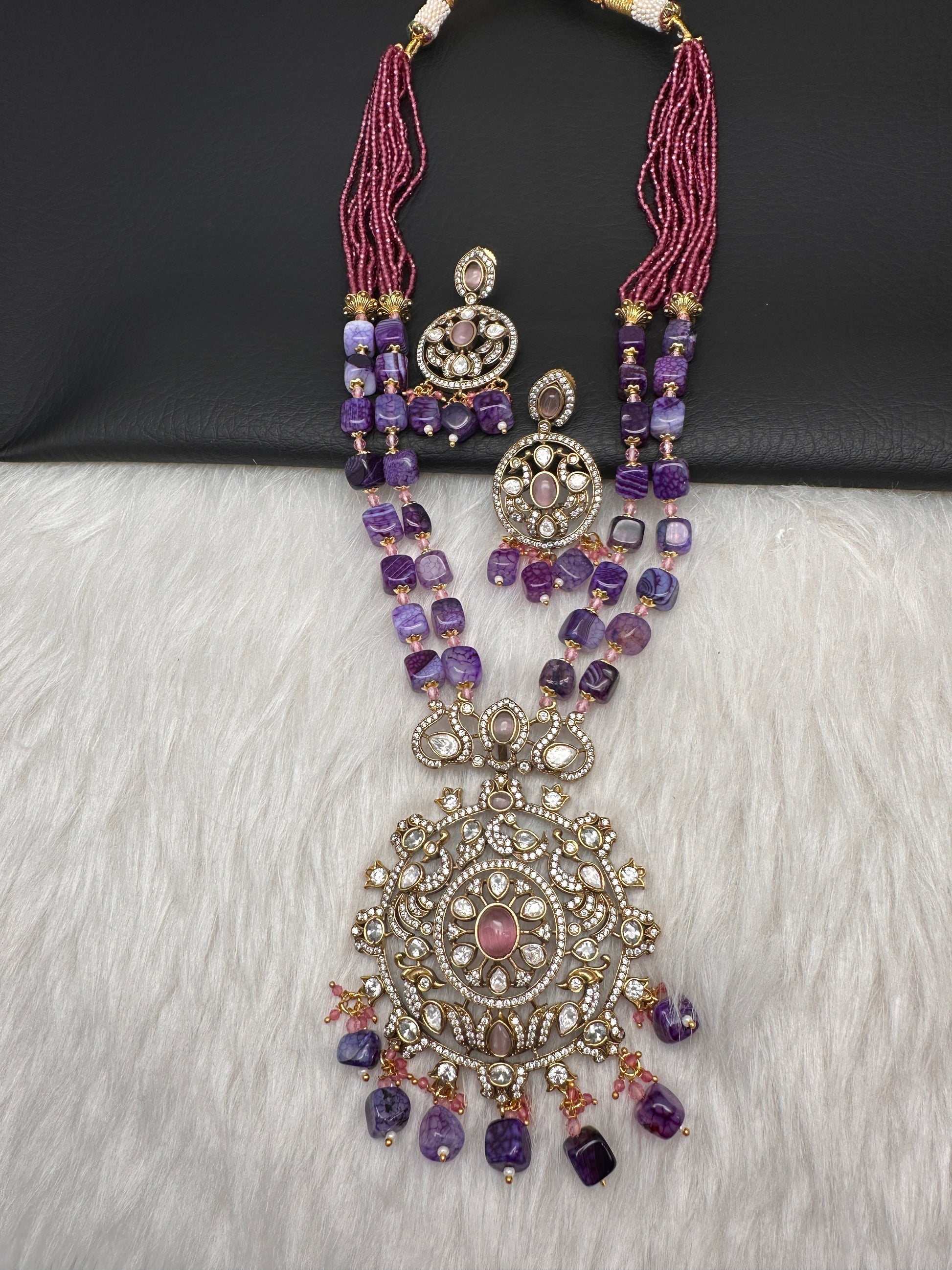 Peacock Color Stone Mehndi Finish Beads Long Necklace - Purple