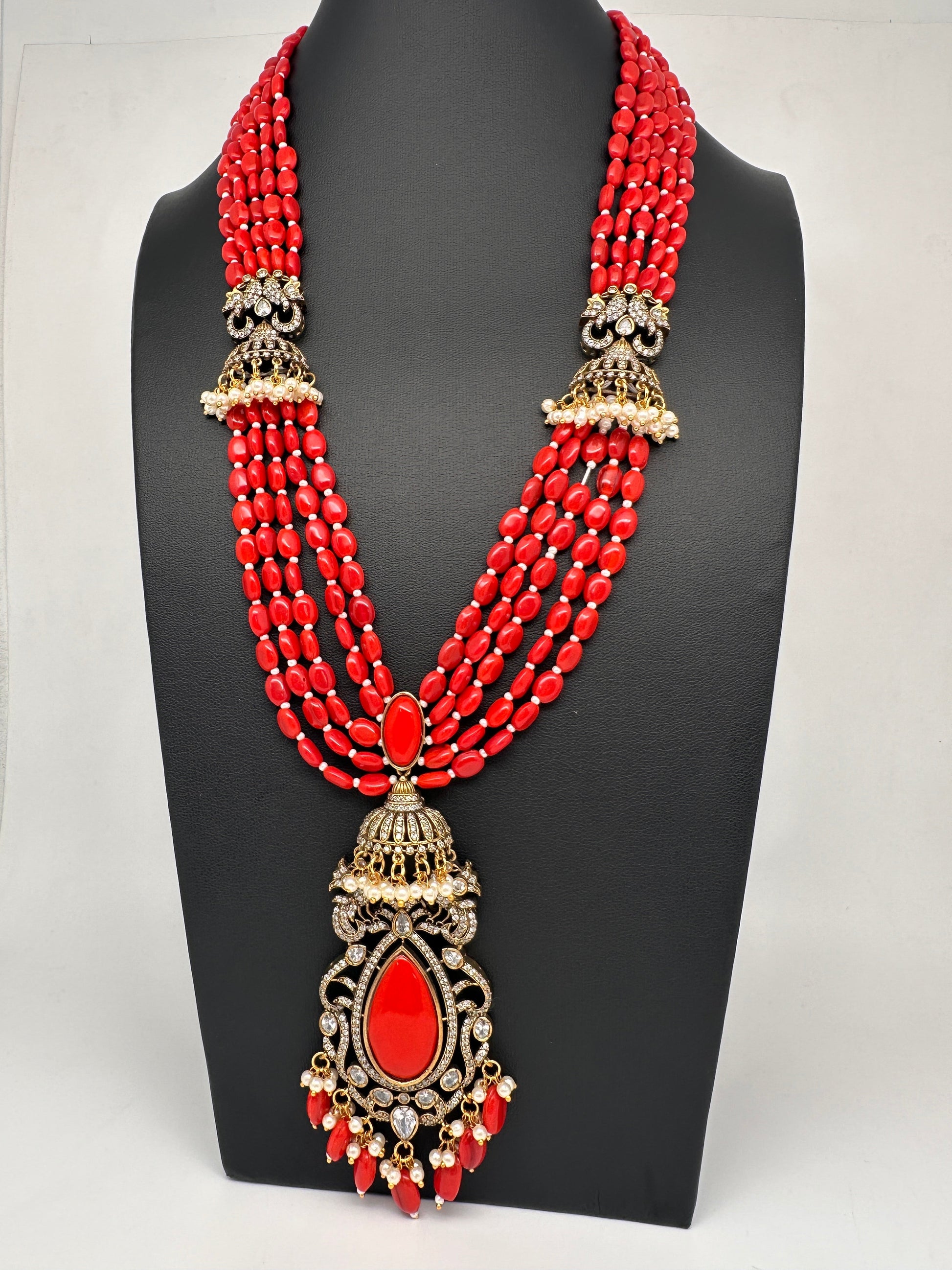 Jhumka Pattern Monilsa Beads Mehendi Finish Color Stone Necklace - Coral