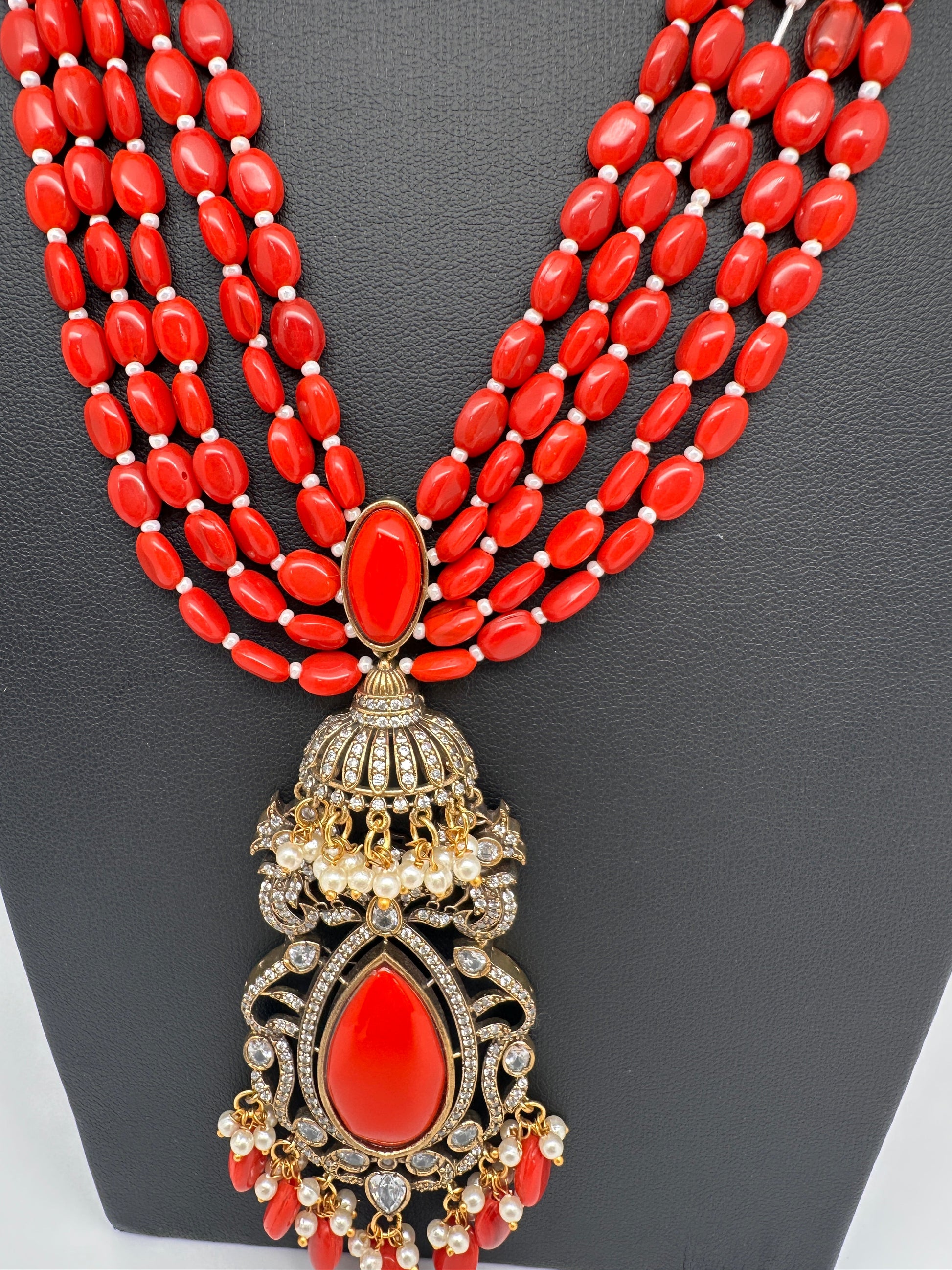 Jhumka Pattern Monilsa Beads Mehendi Finish Color Stone Necklace - Coral