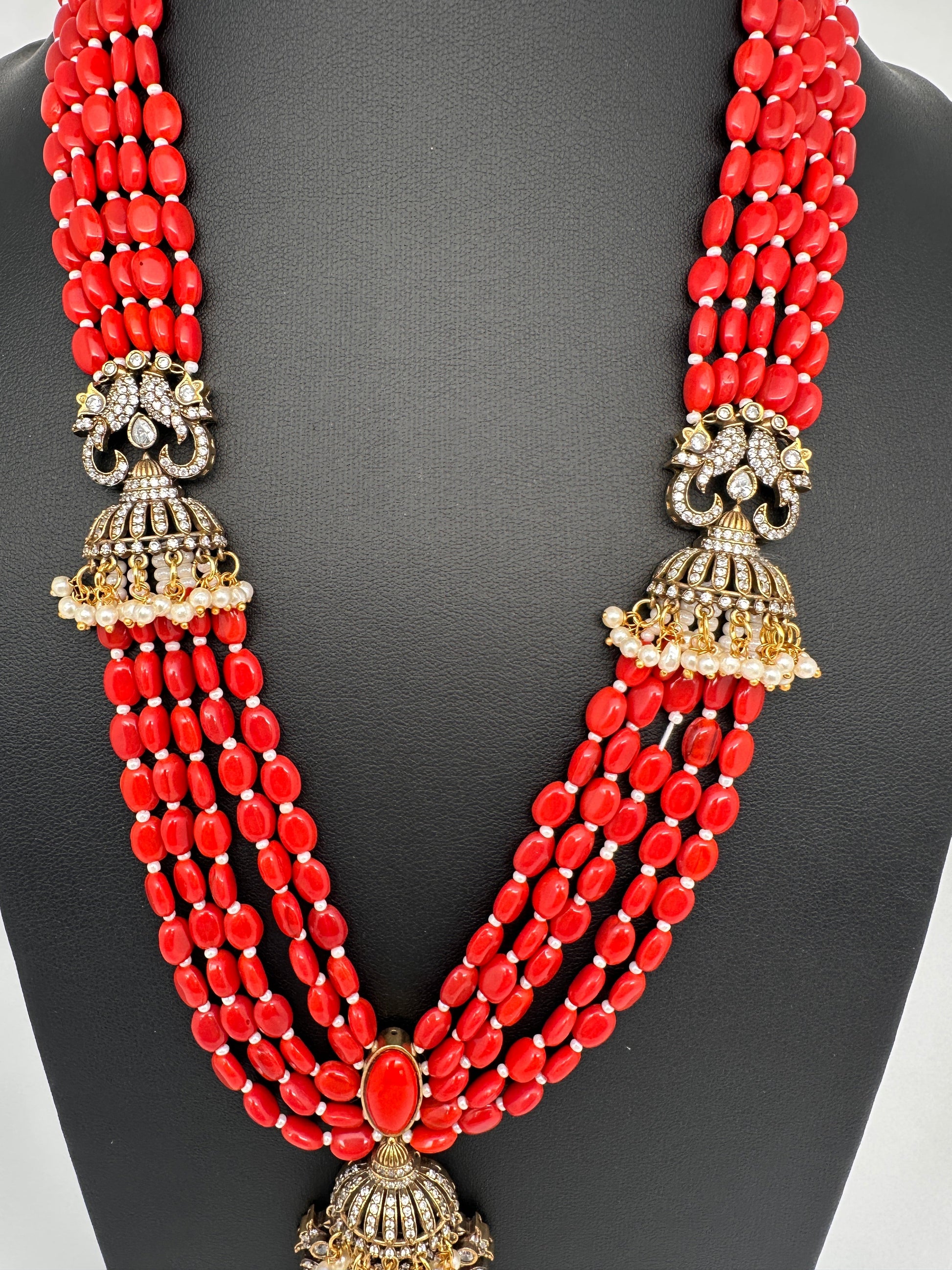 Jhumka Pattern Monilsa Beads Mehendi Finish Color Stone Necklace - Coral