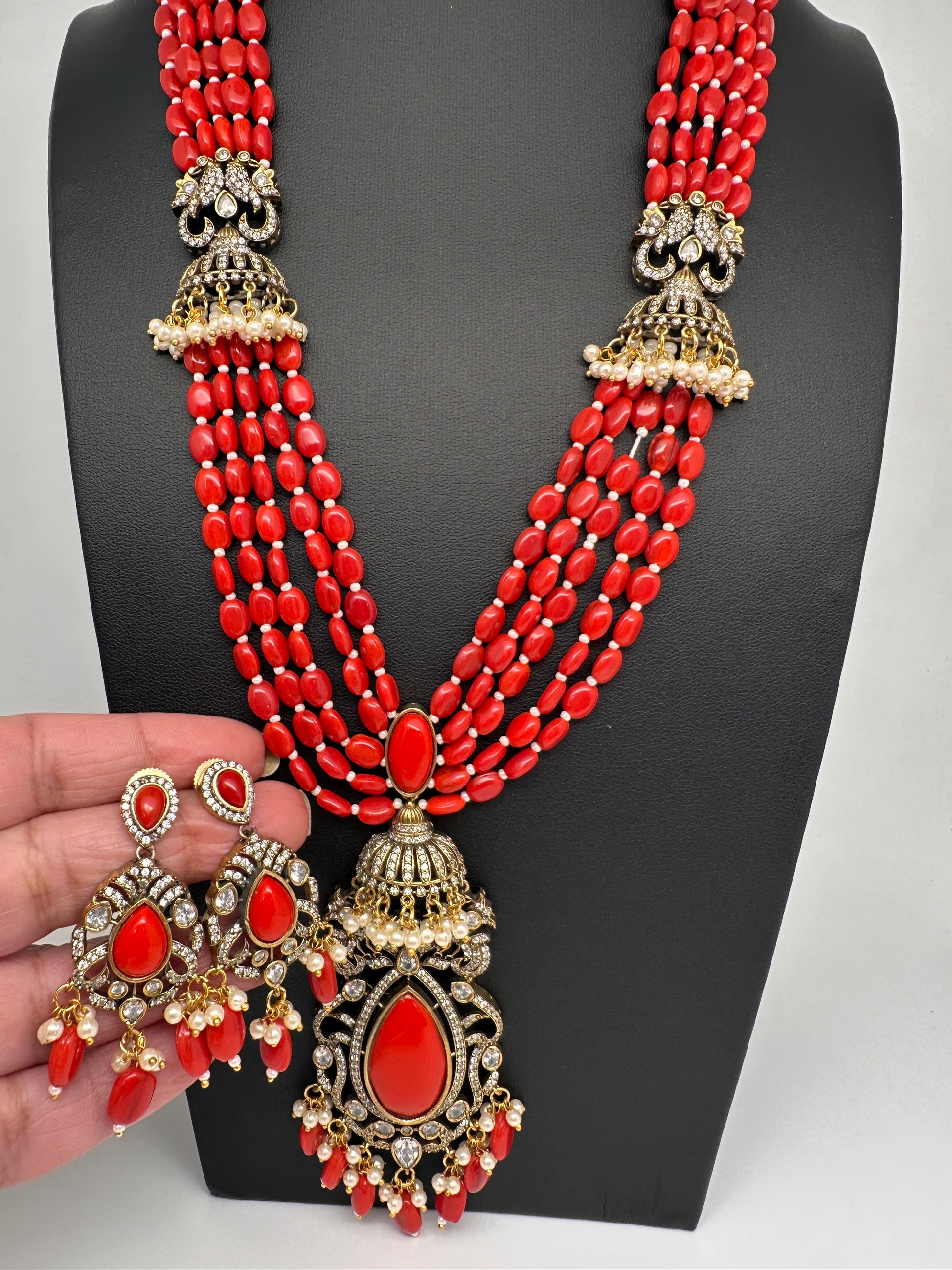 Jhumka Pattern Monilsa Beads Mehendi Finish Color Stone Necklace - Coral