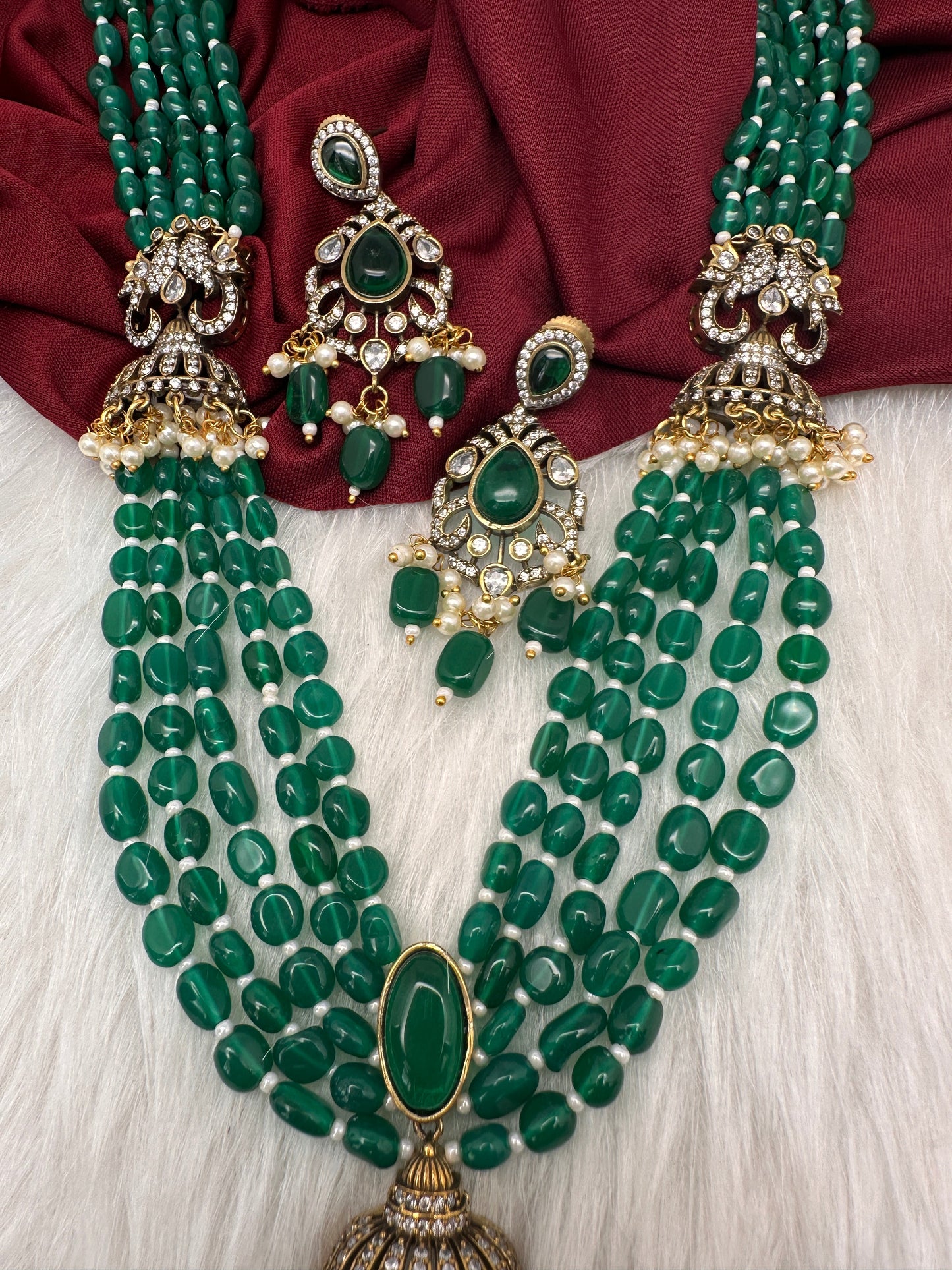 Jhumka Pattern Monilsa Beads Mehendi Finish Color Stone Necklace - Green