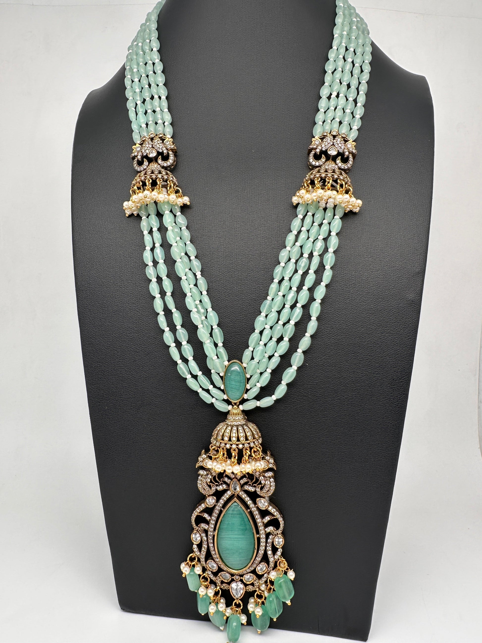 Jhumka Pattern Monilsa Beads Mehendi Finish Color Stone Necklace - MintGreen