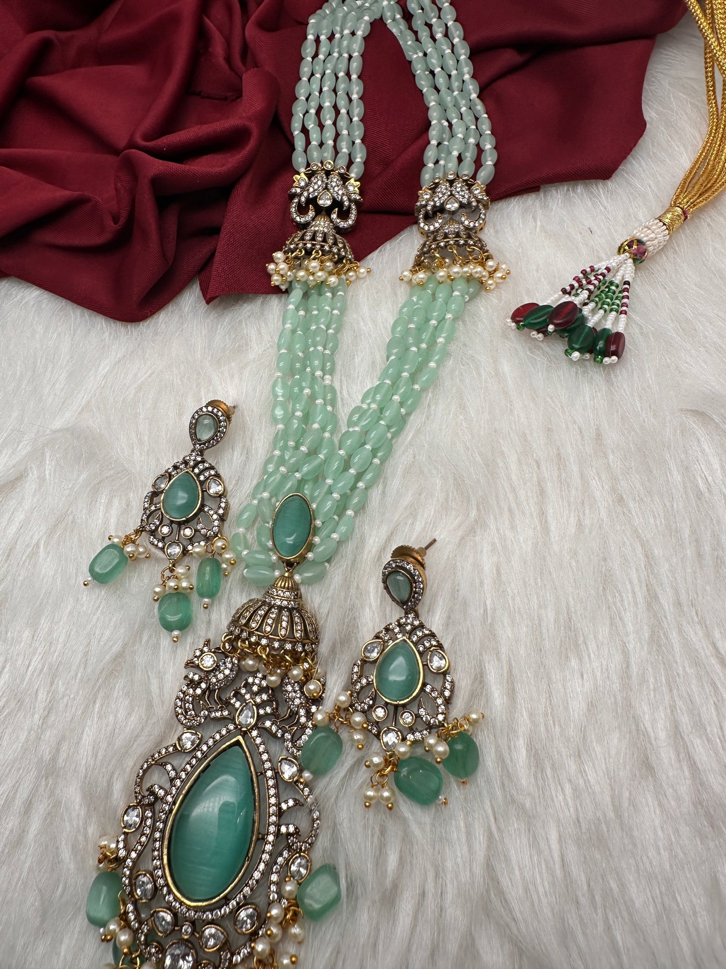 Jhumka Pattern Monilsa Beads Mehendi Finish Color Stone Necklace - MintGreen