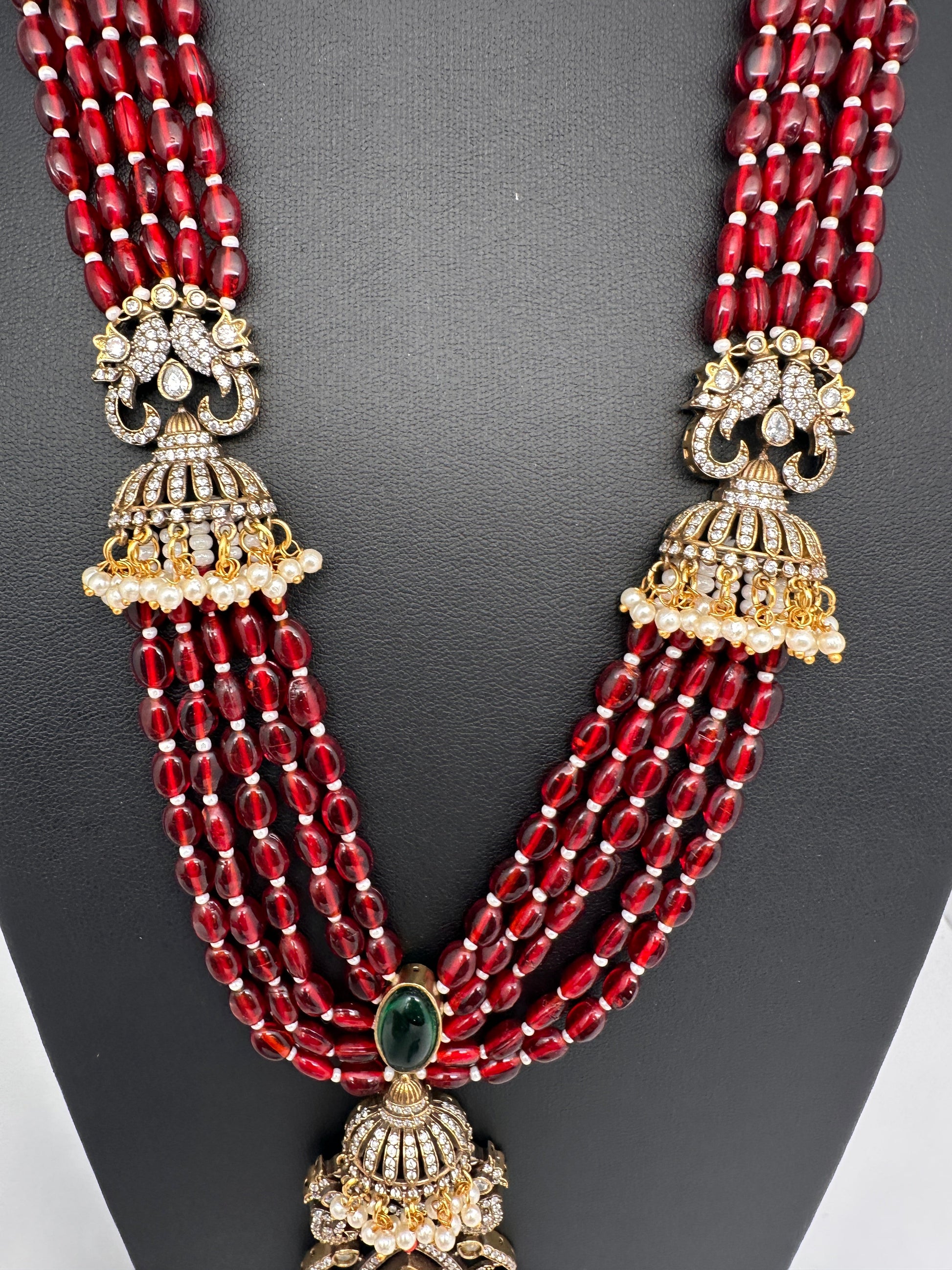 Jhumka Pattern Monilsa Beads Mehendi Finish Color Stone Necklace - Navratan