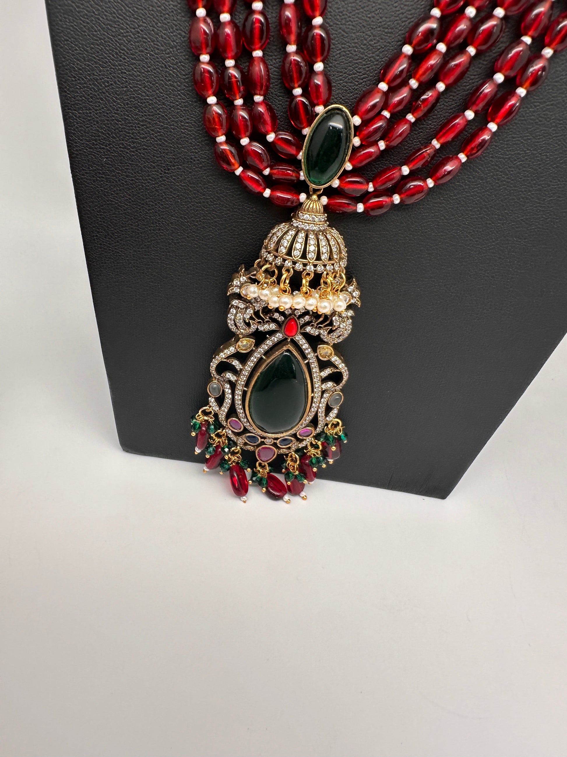 Jhumka Pattern Monilsa Beads Mehendi Finish Color Stone Necklace - Navratan