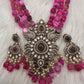 Peaock Pattern Monilsa Beads Mehendi Finish Color Stone Necklace - Pink