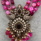 Peaock Pattern Monilsa Beads Mehendi Finish Color Stone Necklace - Pink