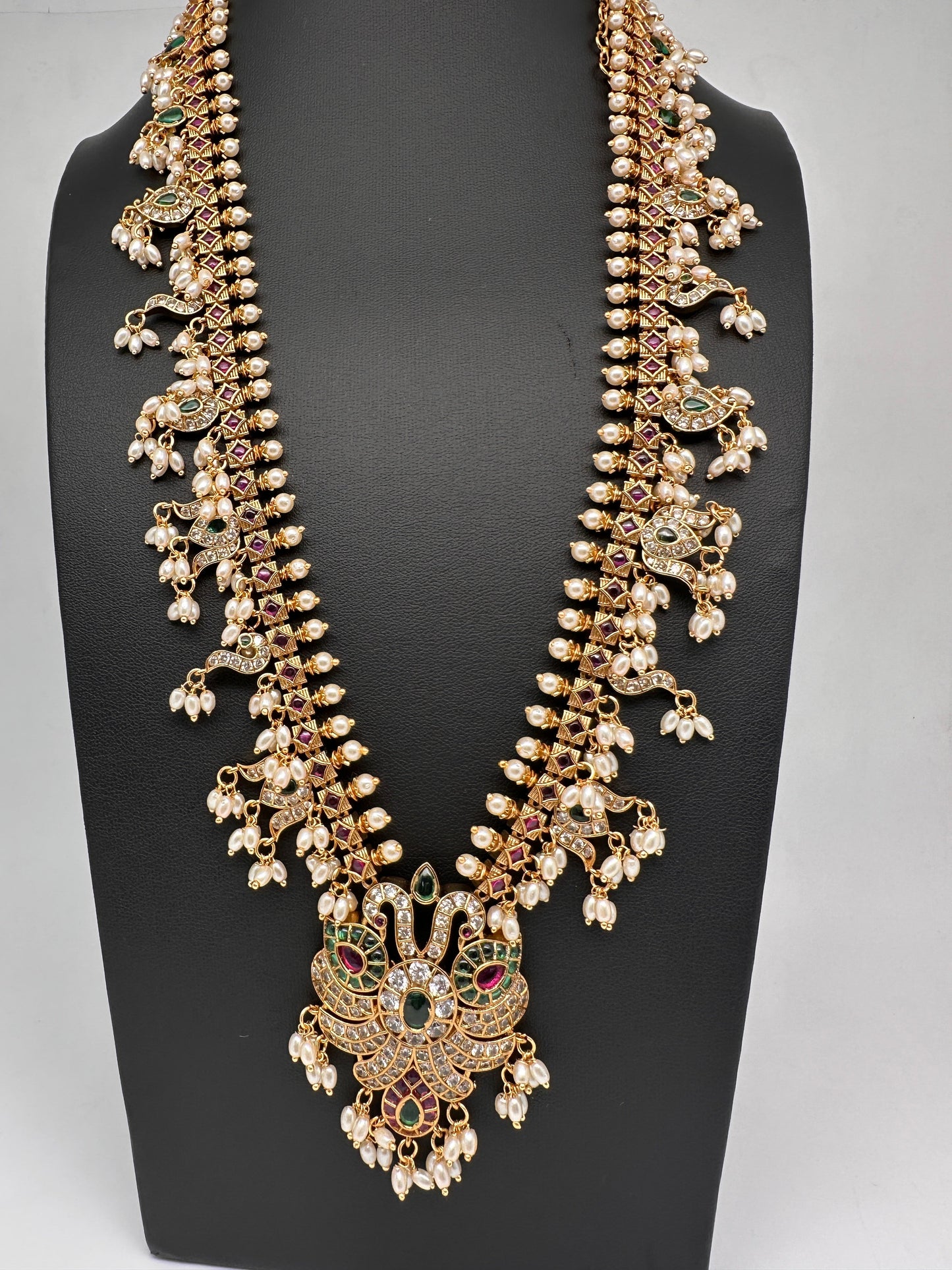 Mango CZ Matte Rice Pearls Guttapusalu Long Necklace