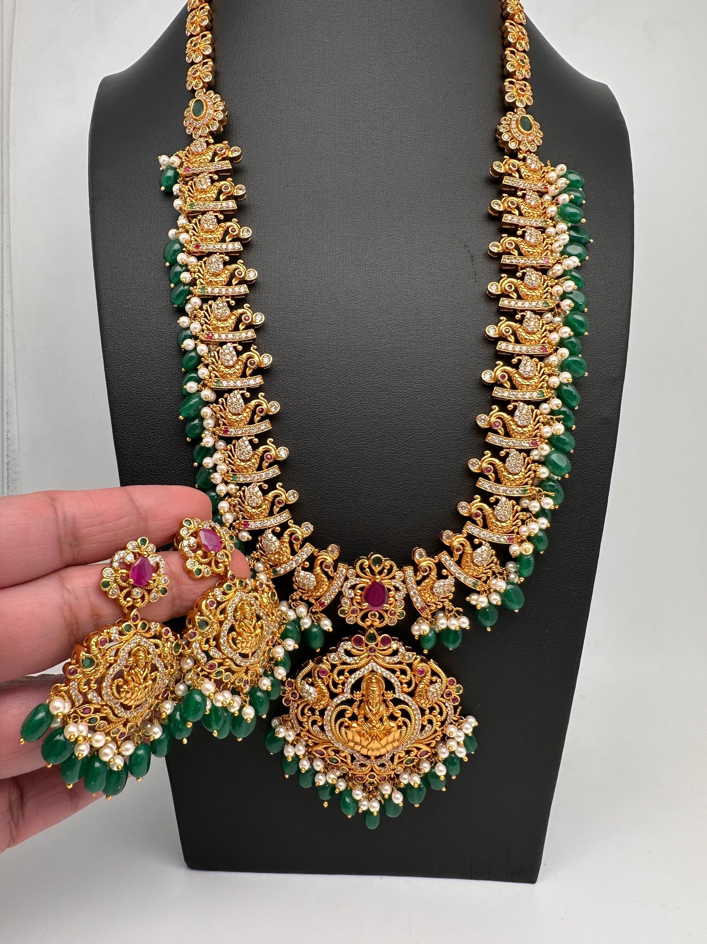 Peacock Matte Green Beads Pearls Goddess Lakshmi Long Necklace