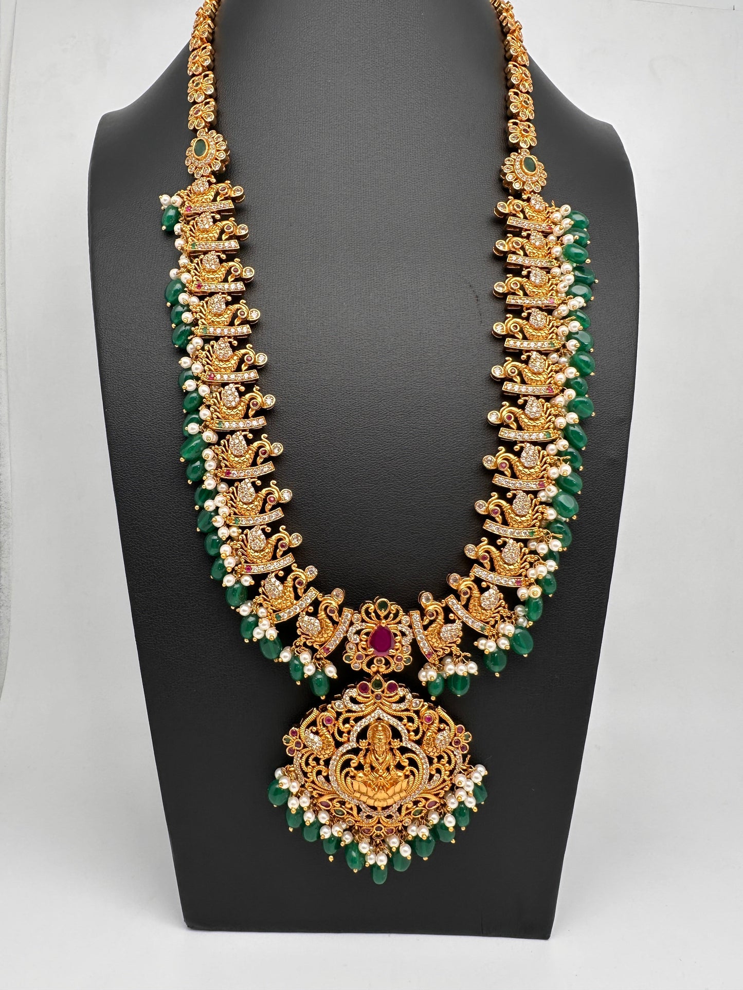 Peacock Matte Green Beads Pearls Goddess Lakshmi Long Necklace