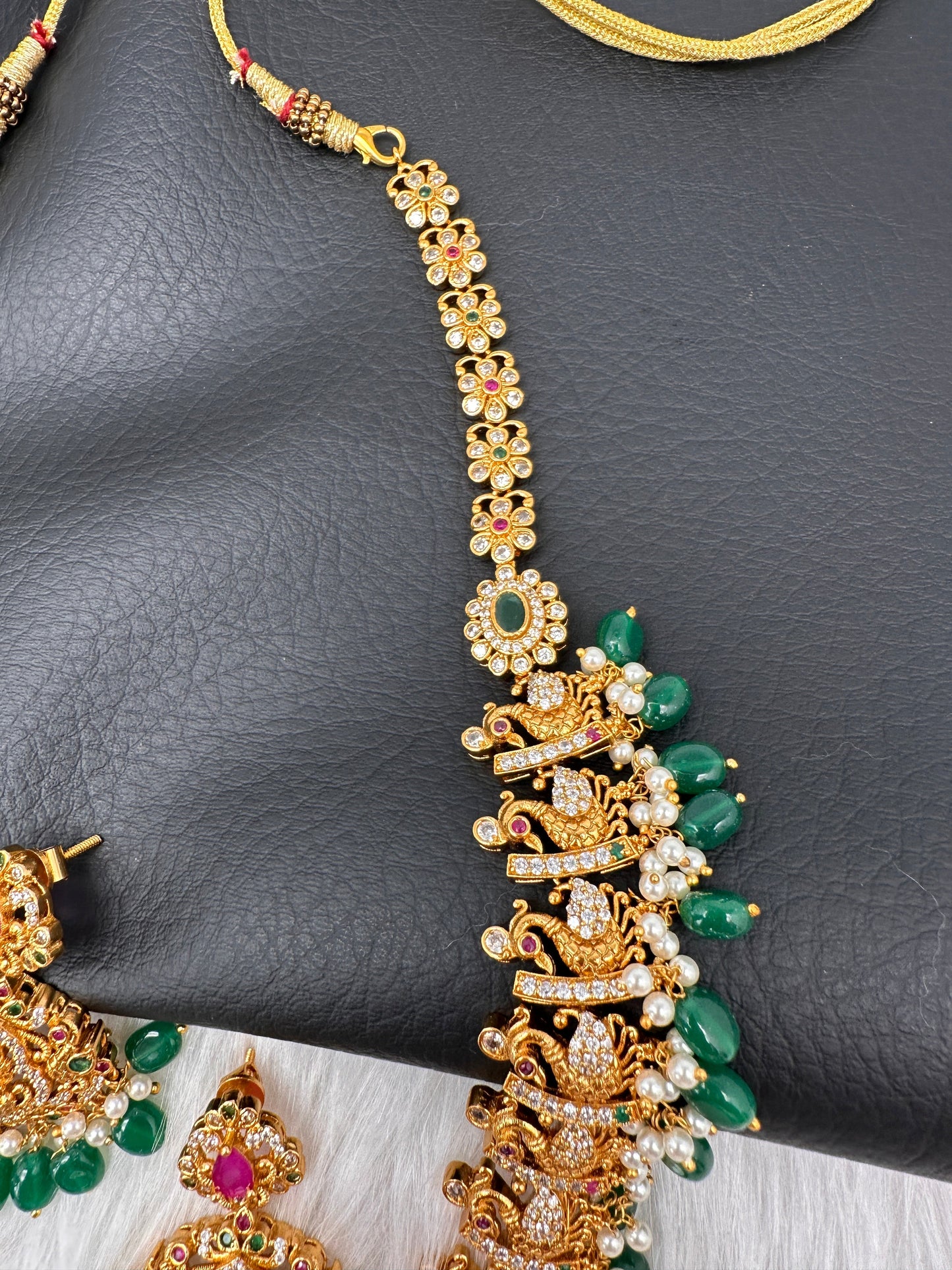 Peacock Matte Green Beads Pearls Goddess Lakshmi Long Necklace