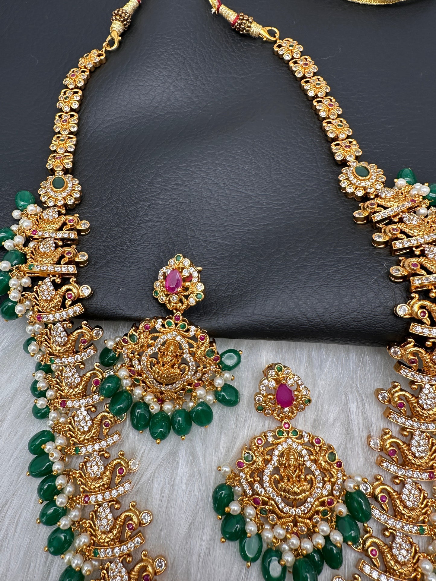 Peacock Matte Green Beads Pearls Goddess Lakshmi Long Necklace