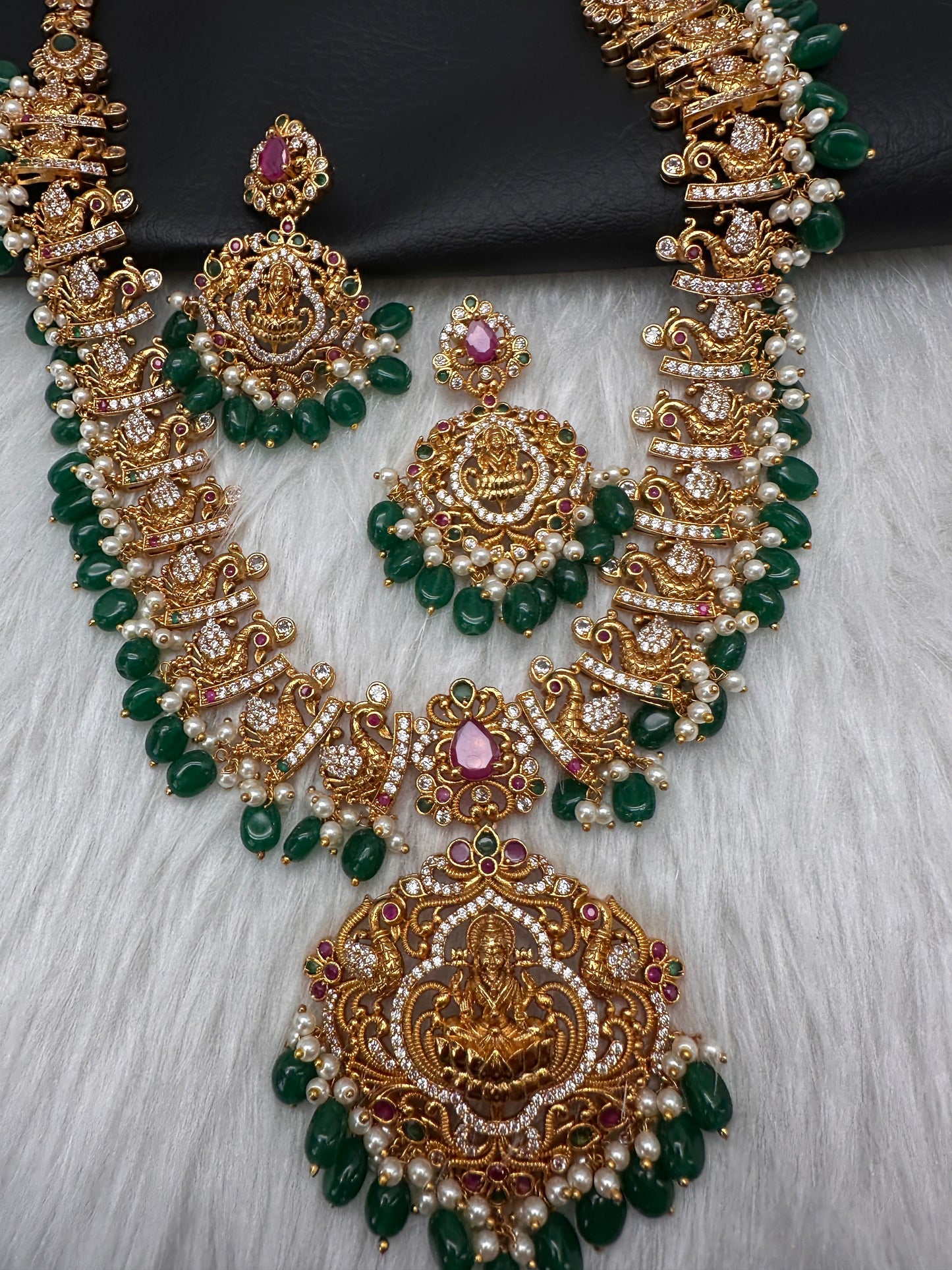 Peacock Matte Green Beads Pearls Goddess Lakshmi Long Necklace