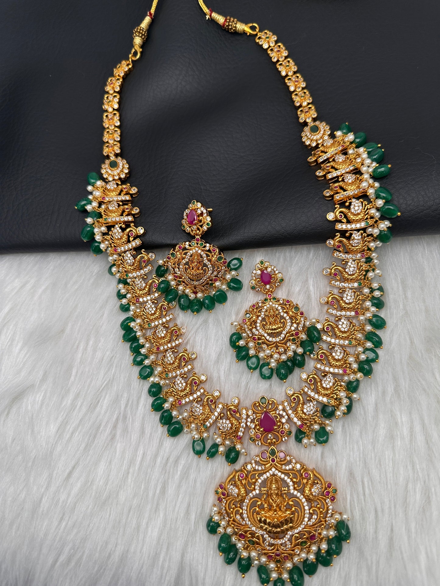 Peacock Matte Green Beads Pearls Goddess Lakshmi Long Necklace