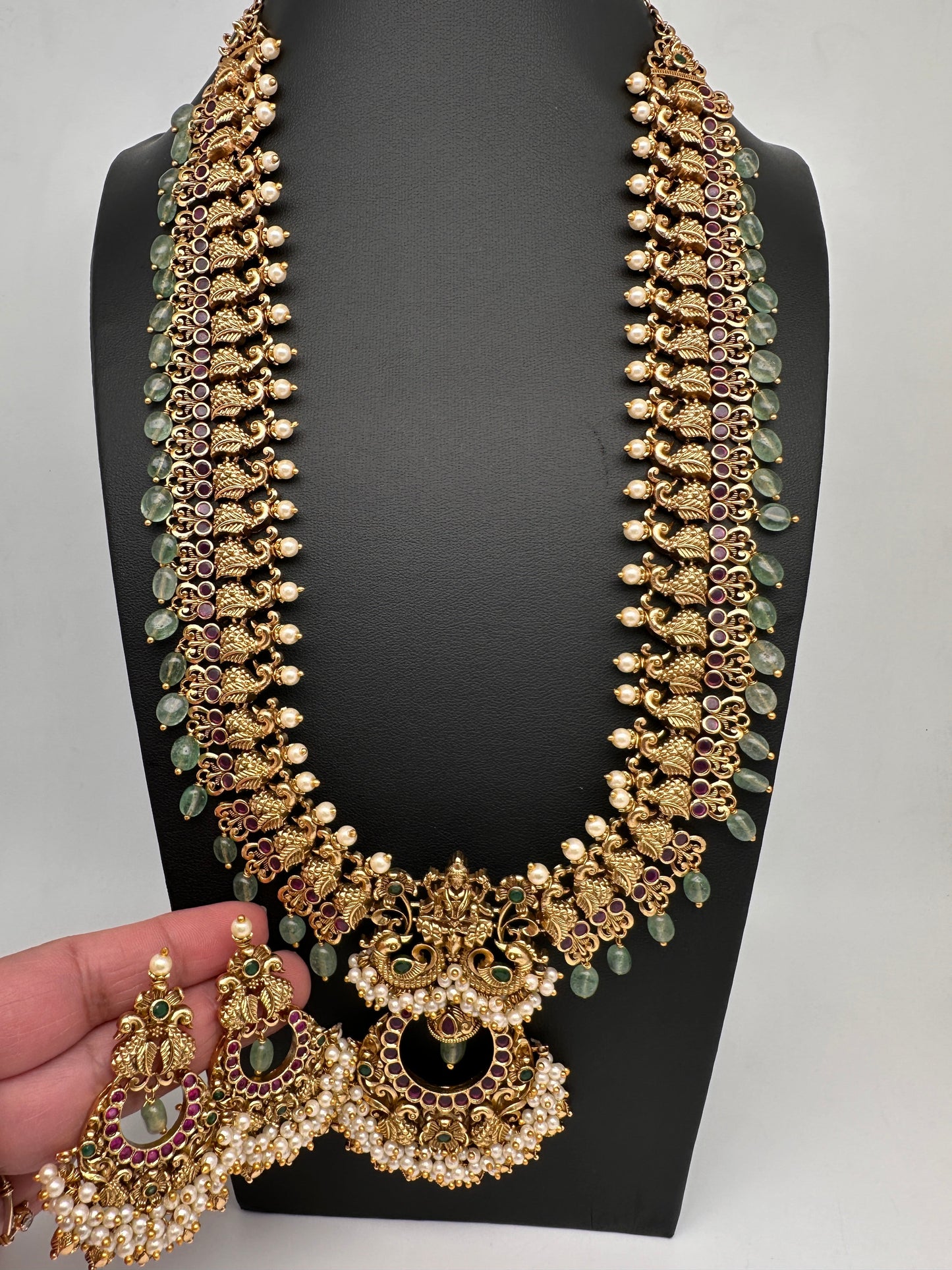 Chandbali Cluster Pearls Peacock Goddess Lakshmi Kemp Long Necklace