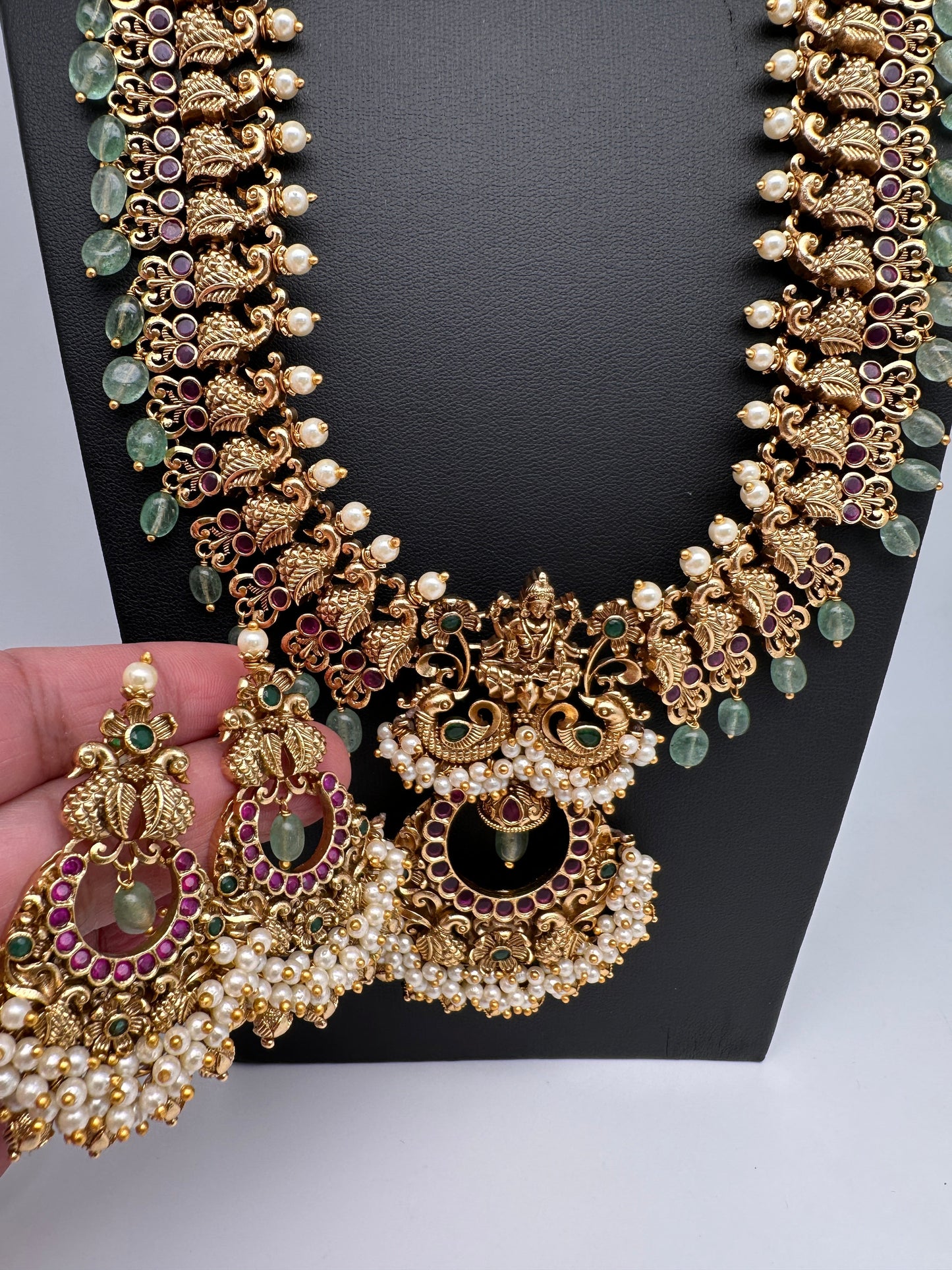 Chandbali Cluster Pearls Peacock Goddess Lakshmi Kemp Long Necklace