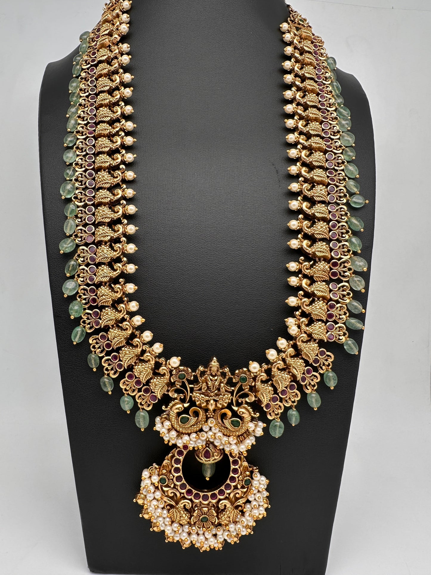 Chandbali Cluster Pearls Peacock Goddess Lakshmi Kemp Long Necklace