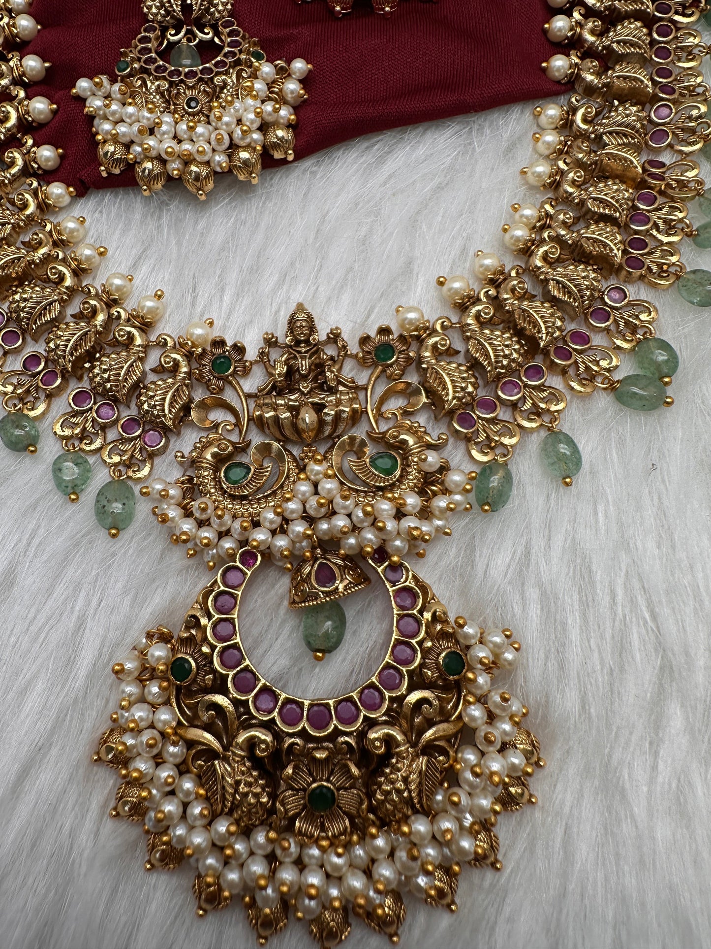 Chandbali Cluster Pearls Peacock Goddess Lakshmi Kemp Long Necklace